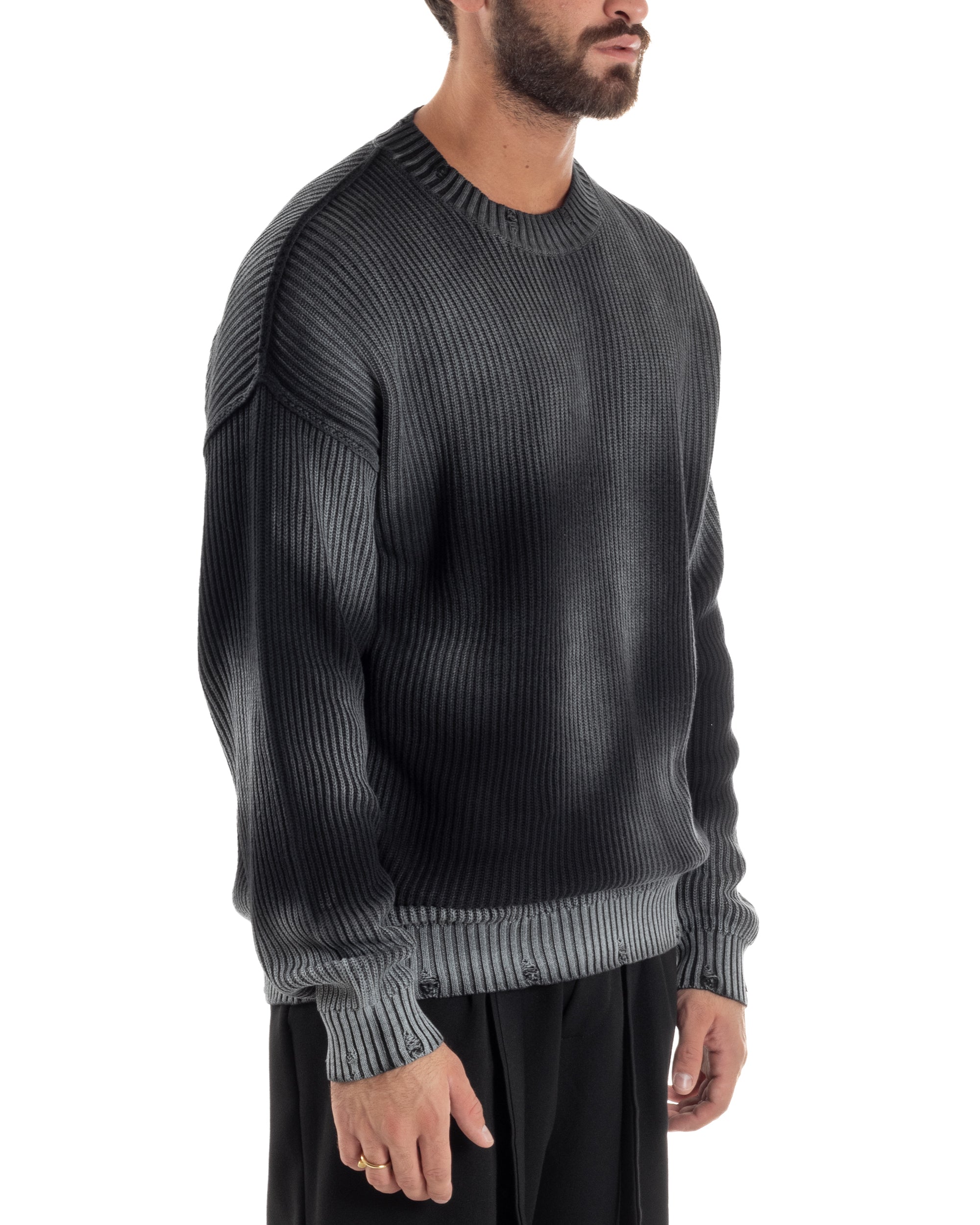 Maglione Uomo Girocollo Rotture Oversize Sfumato Nero M3046A