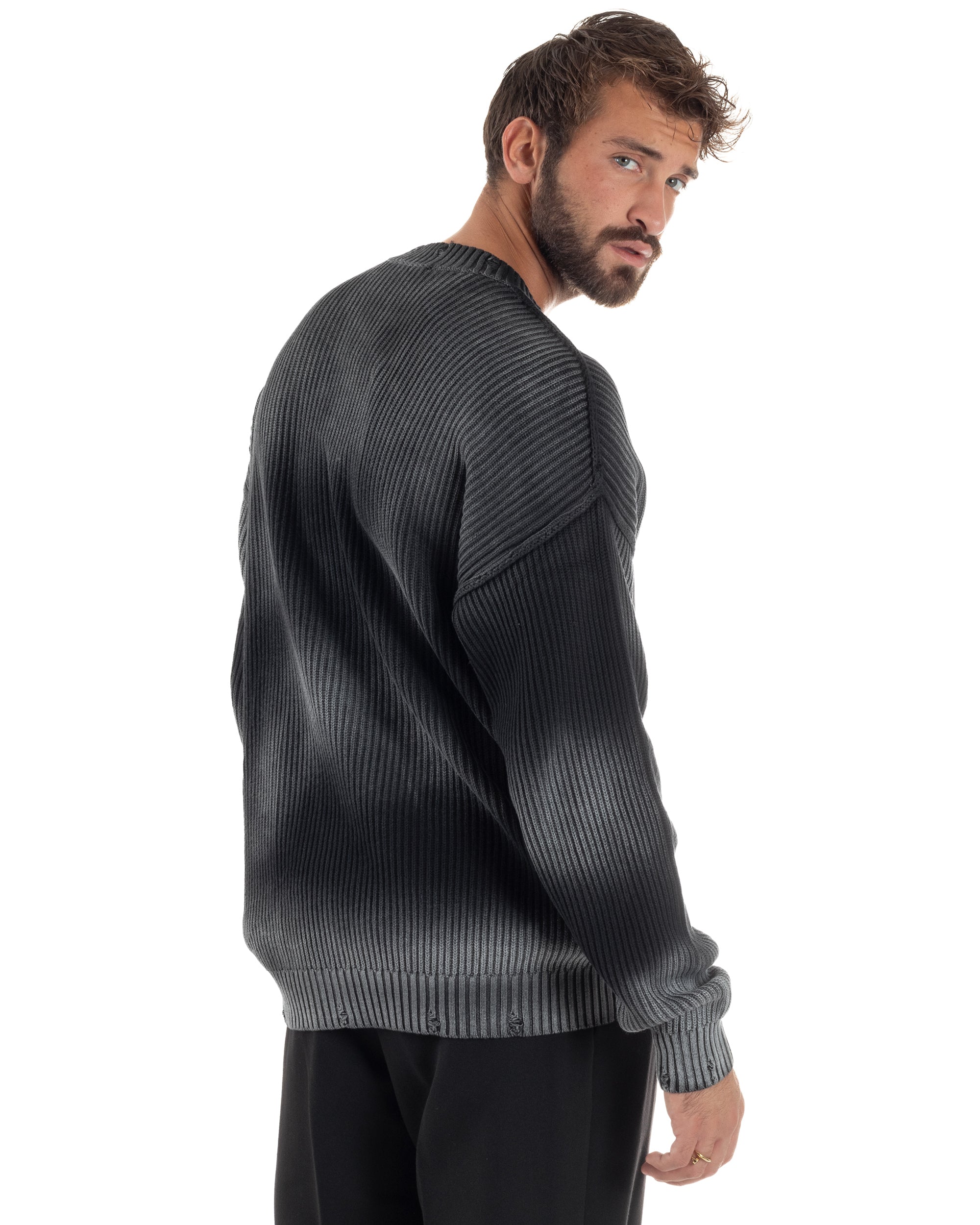 Maglione Uomo Girocollo Rotture Oversize Sfumato Nero M3046A
