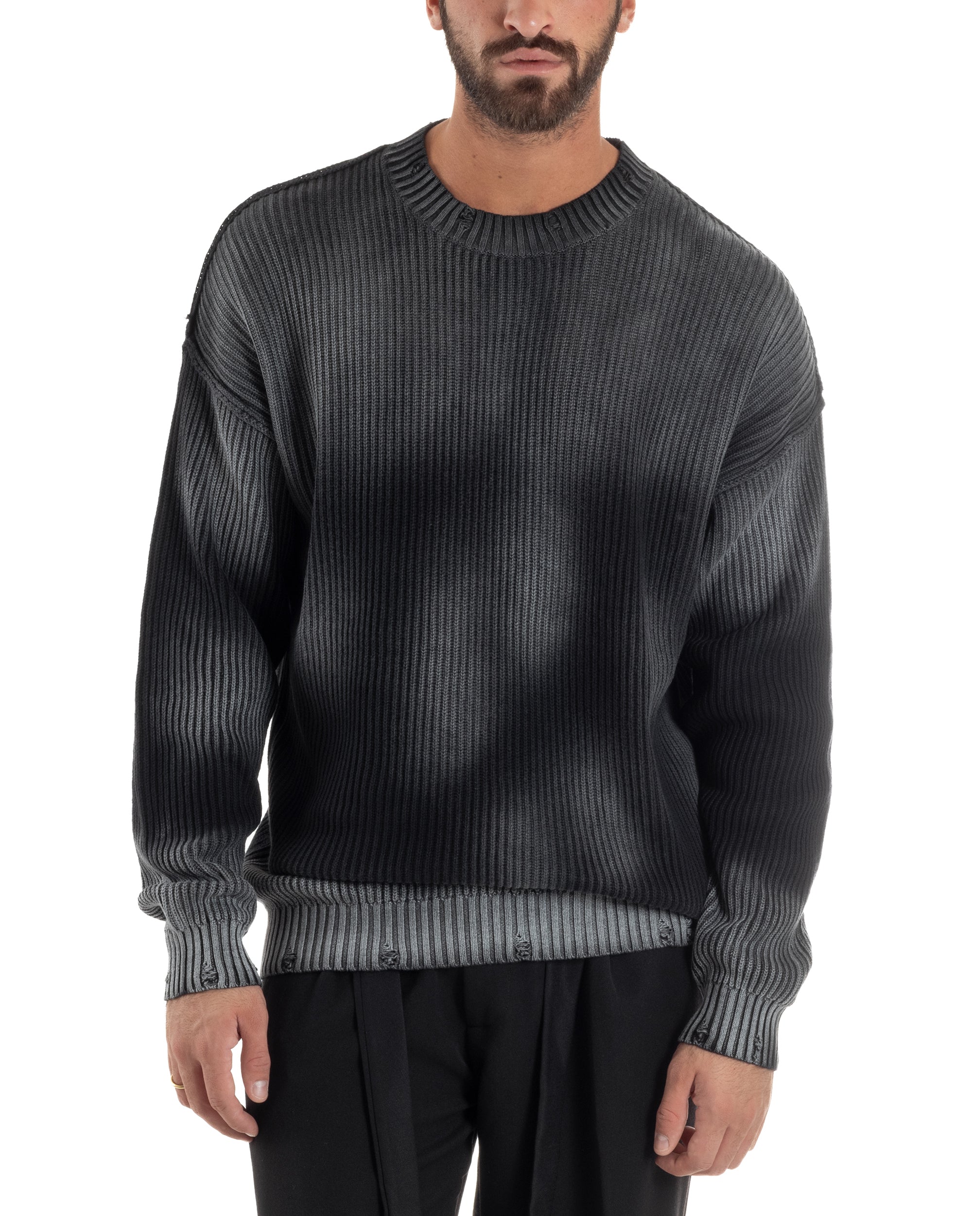 Maglione Uomo Girocollo Rotture Oversize Sfumato Nero M3046A