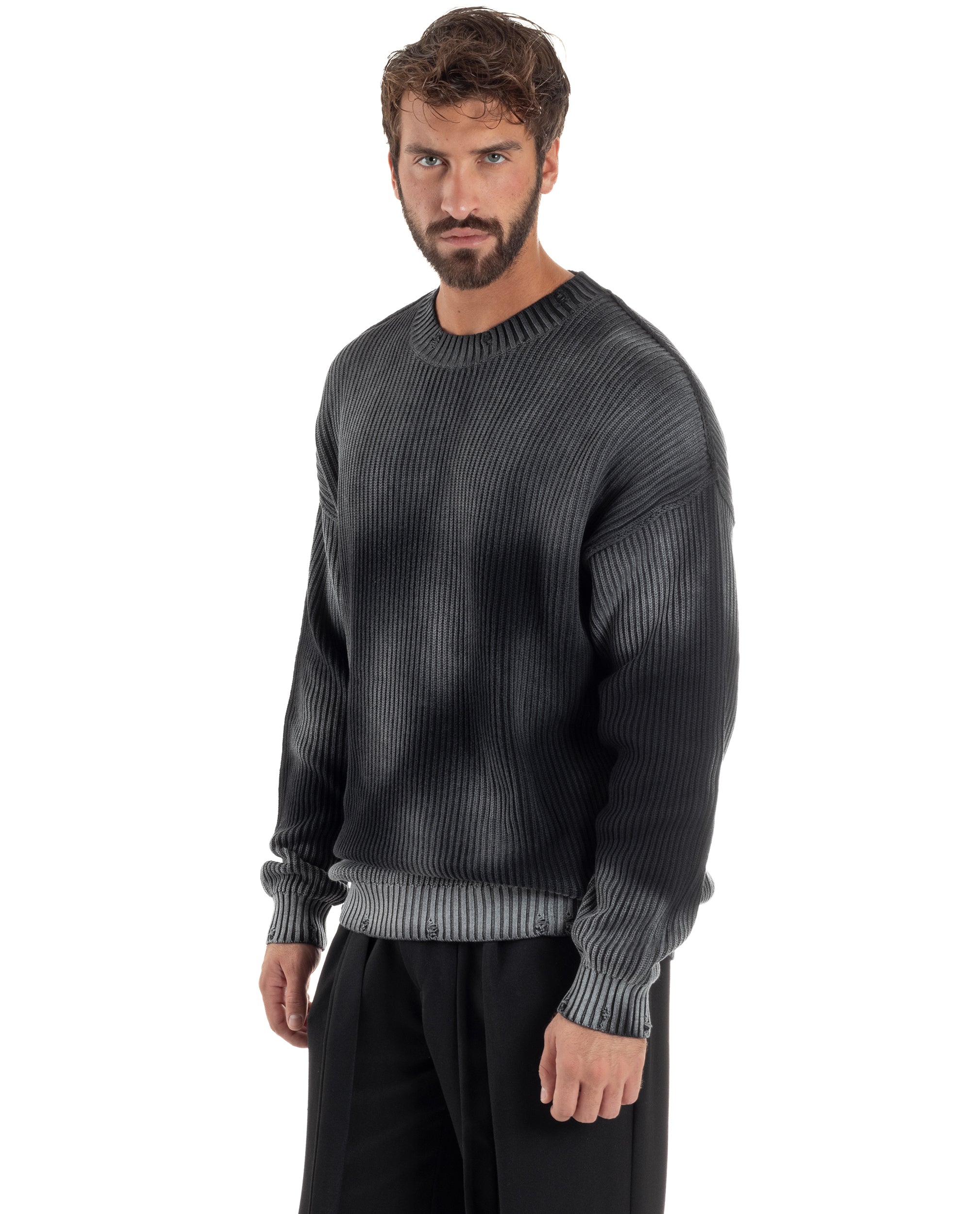 Maglione Uomo Girocollo Rotture Oversize Sfumato Nero M3046A