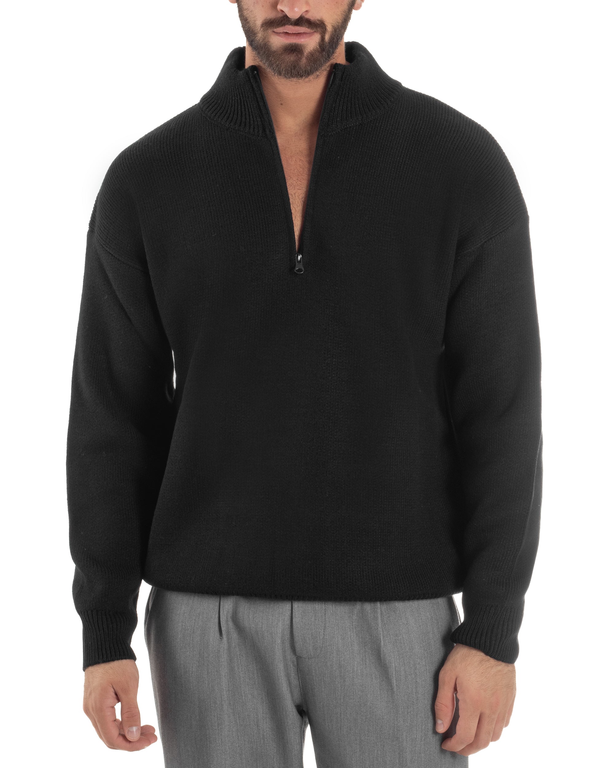 Maglione Uomo Pullover Mezza Zip Lana Basic Nero M3045A