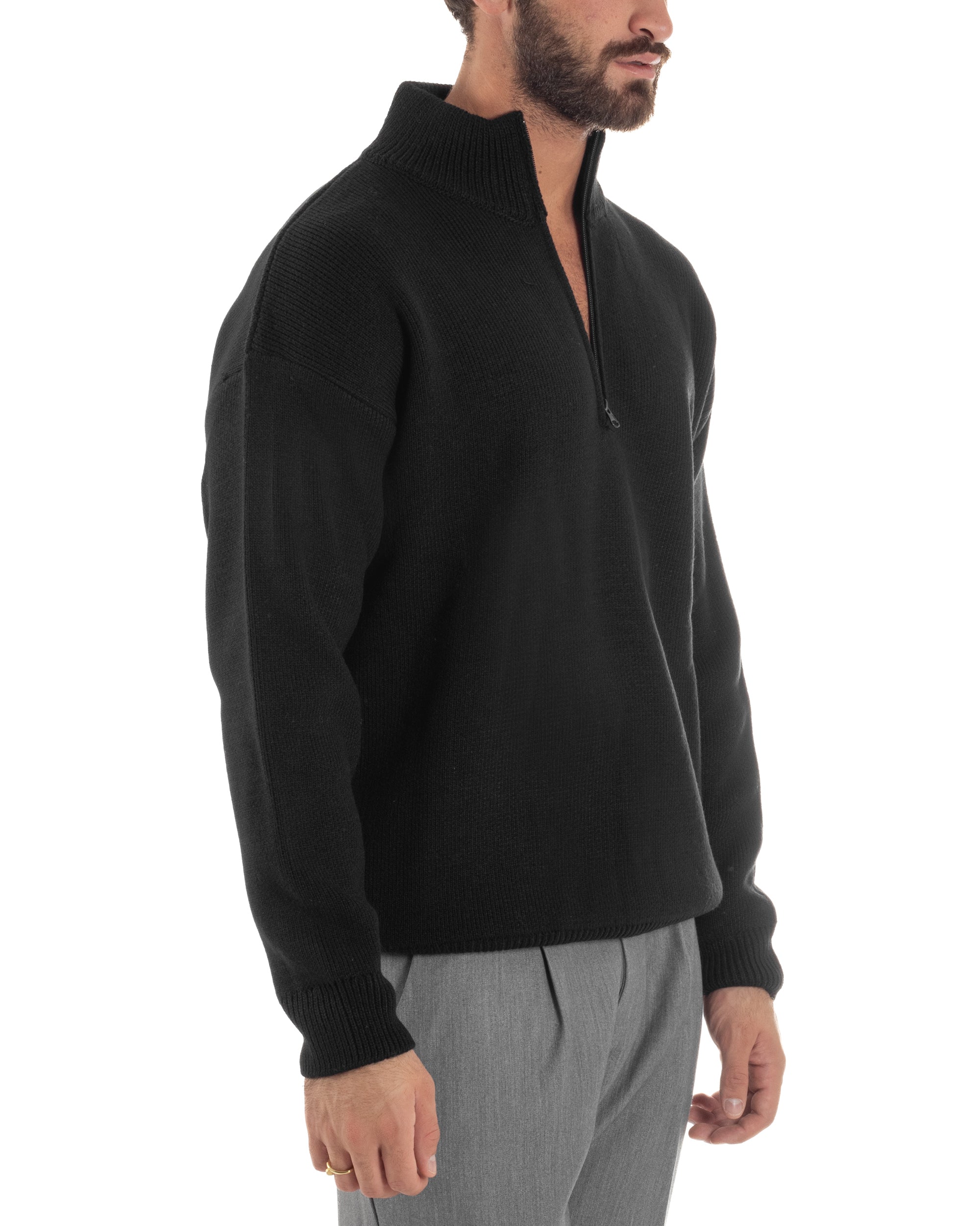 Maglione Uomo Pullover Mezza Zip Lana Basic Nero M3045A