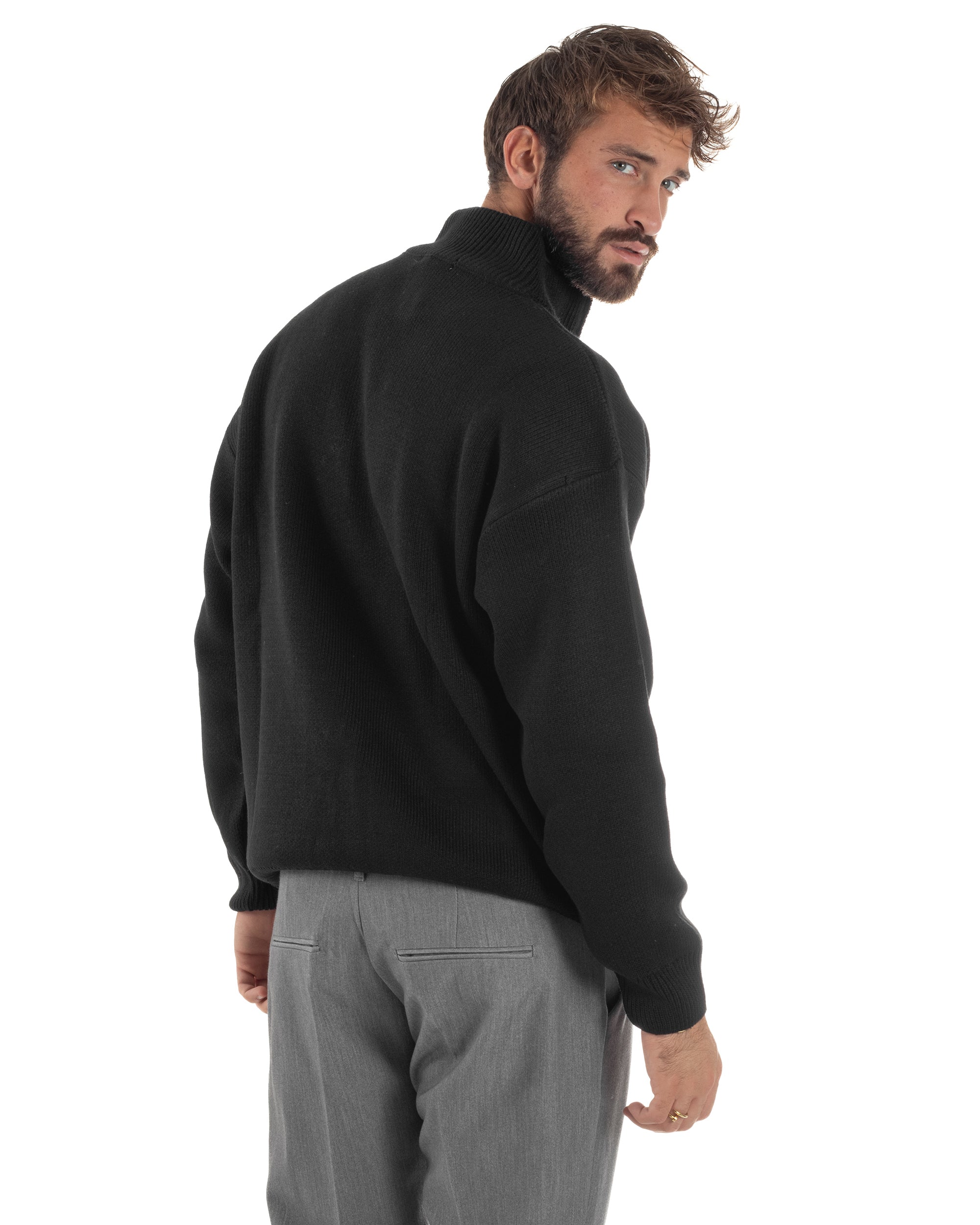 Maglione Uomo Pullover Mezza Zip Lana Basic Nero M3045A