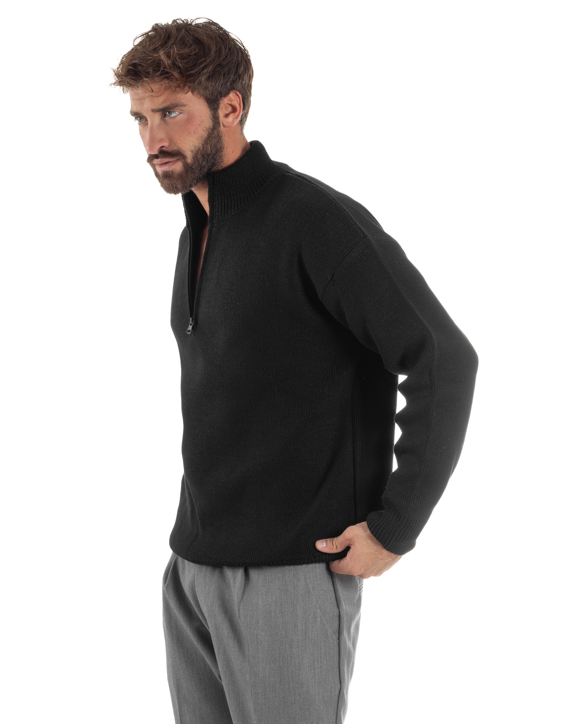 Maglione Uomo Pullover Mezza Zip Lana Basic Nero M3045A