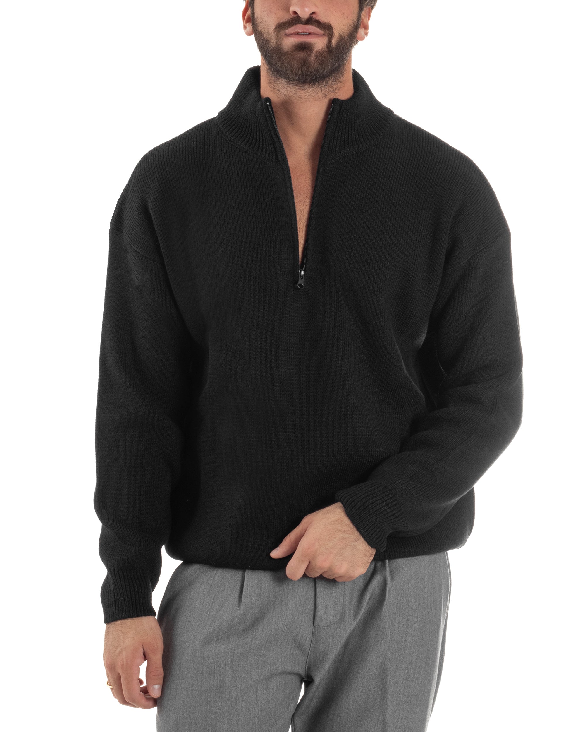 Maglione Uomo Pullover Mezza Zip Lana Basic Nero M3045A