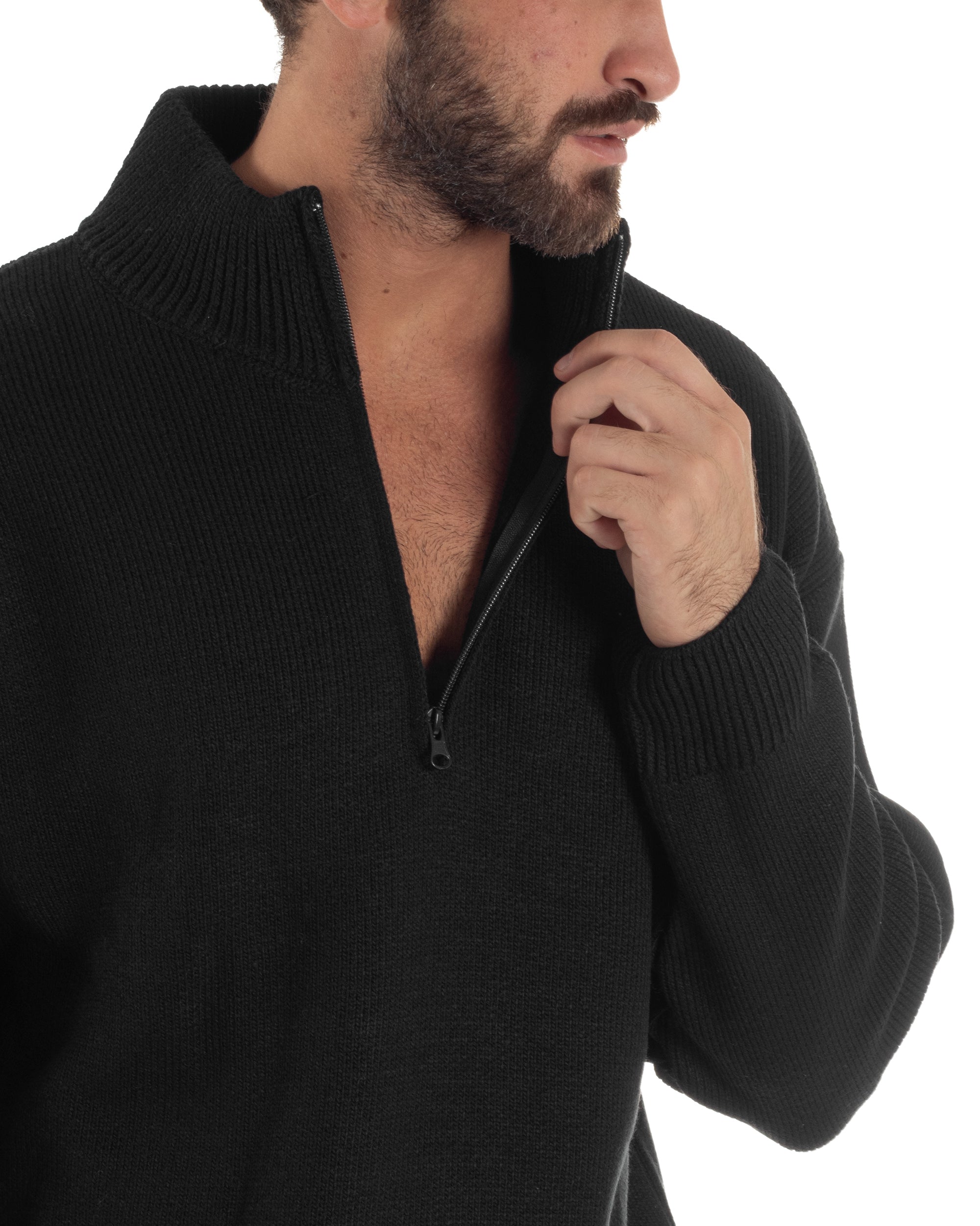 Maglione Uomo Pullover Mezza Zip Lana Basic Nero M3045A