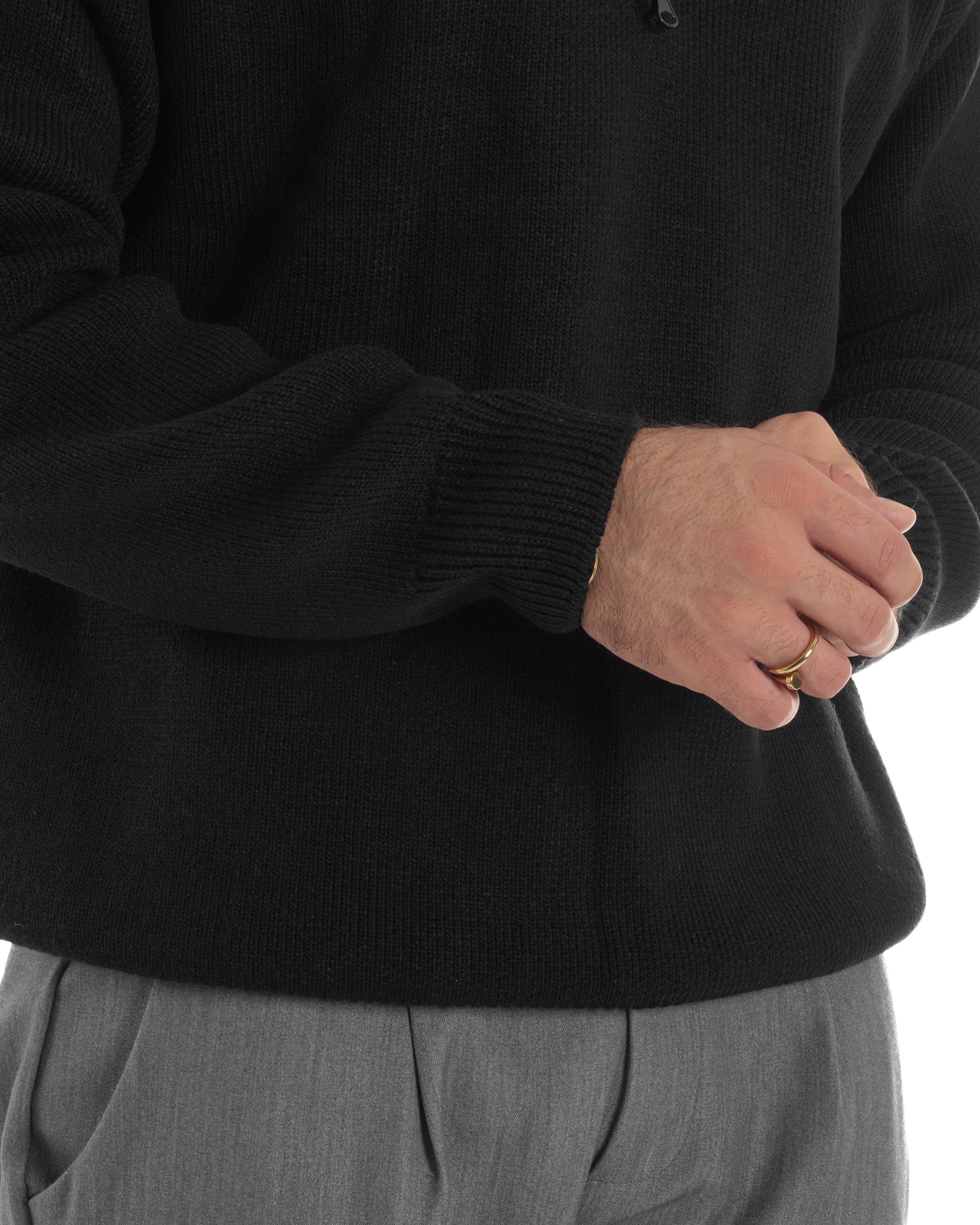 Maglione Uomo Pullover Mezza Zip Lana Basic Nero M3045A