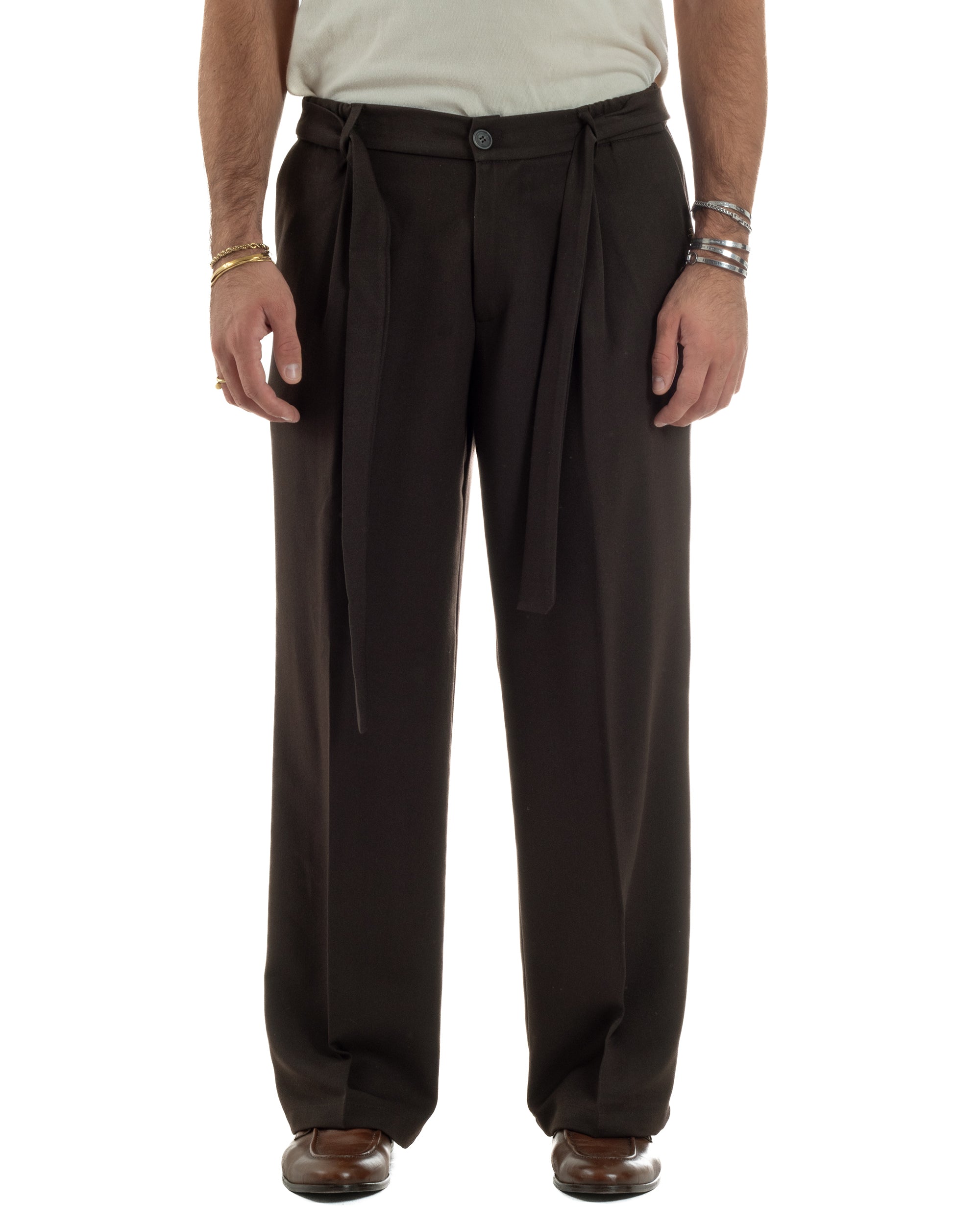 Pantaloni Uomo Viscosa Palazzo Fondo Ampio Cintura Baggy Marrone P6400A