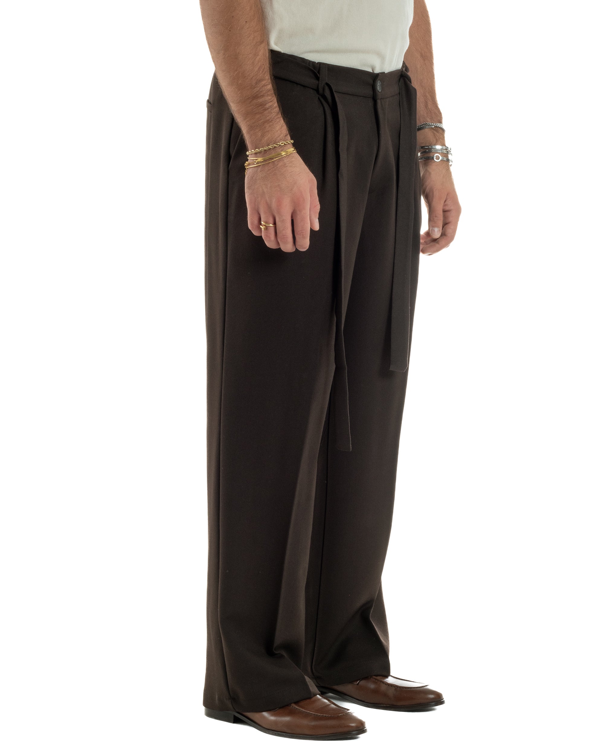 Pantaloni Uomo Viscosa Palazzo Fondo Ampio Cintura Baggy Marrone P6400A