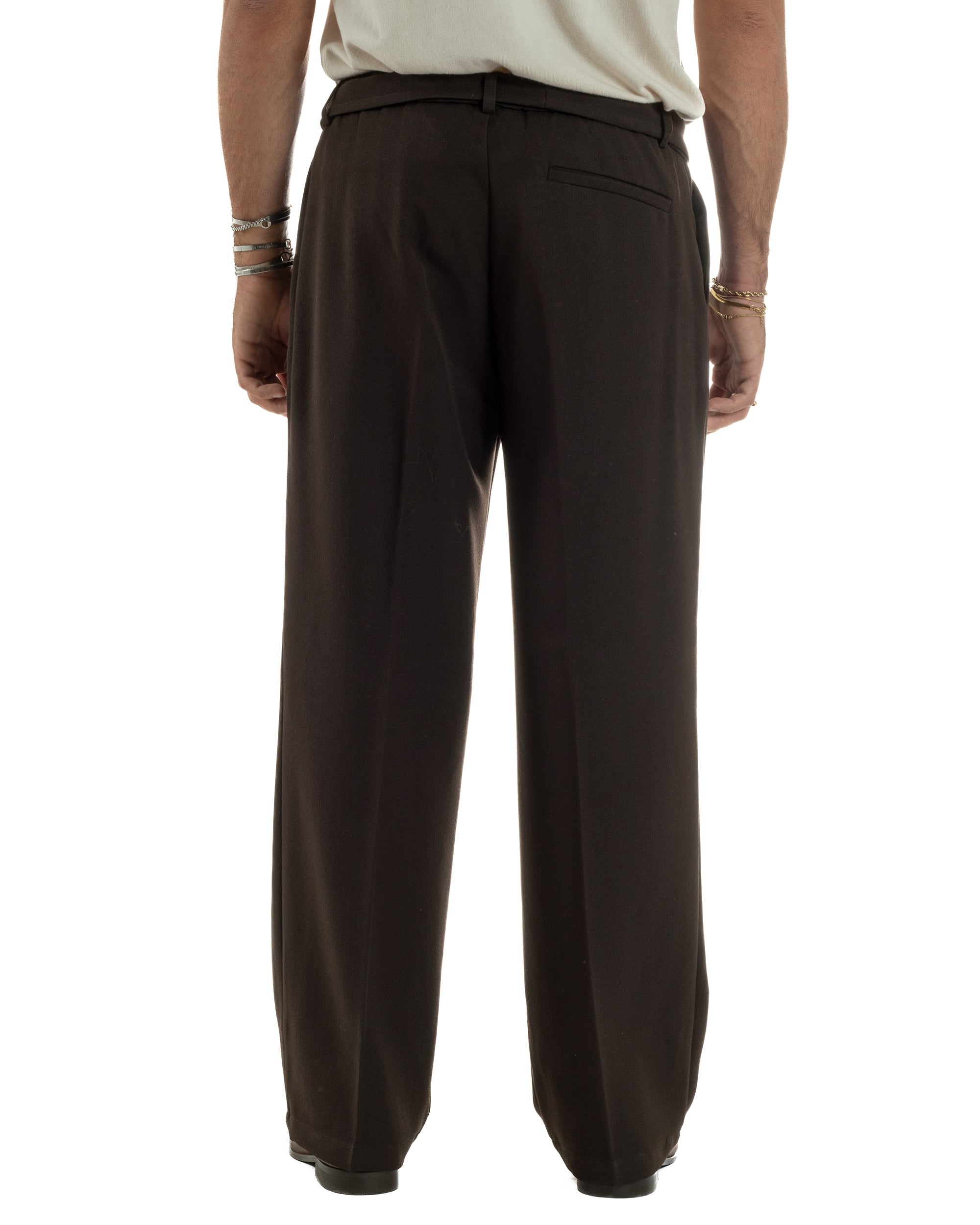 Pantaloni Uomo Viscosa Palazzo Fondo Ampio Cintura Baggy Marrone P6400A
