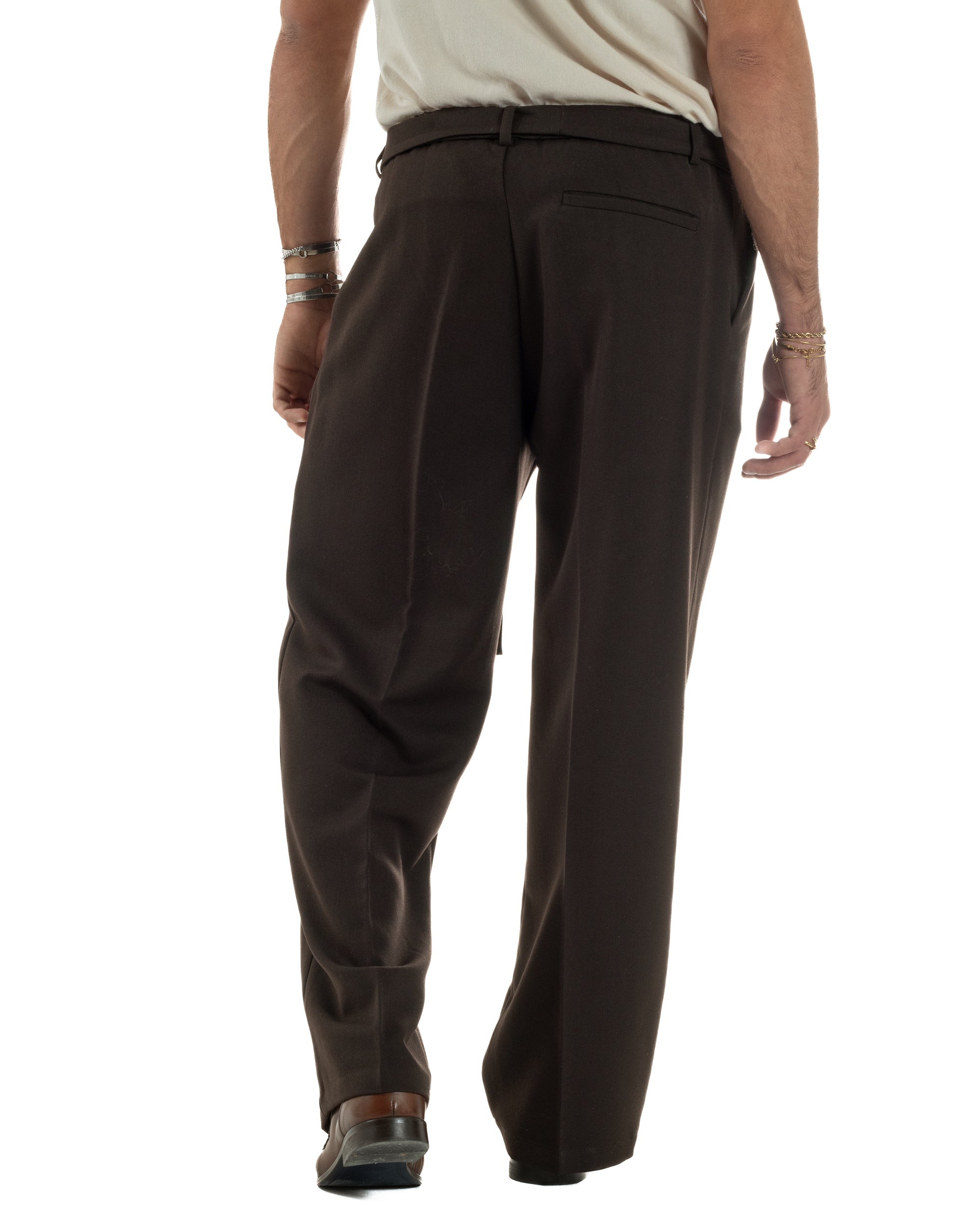 Pantaloni Uomo Viscosa Palazzo Fondo Ampio Cintura Baggy Marrone P6400A