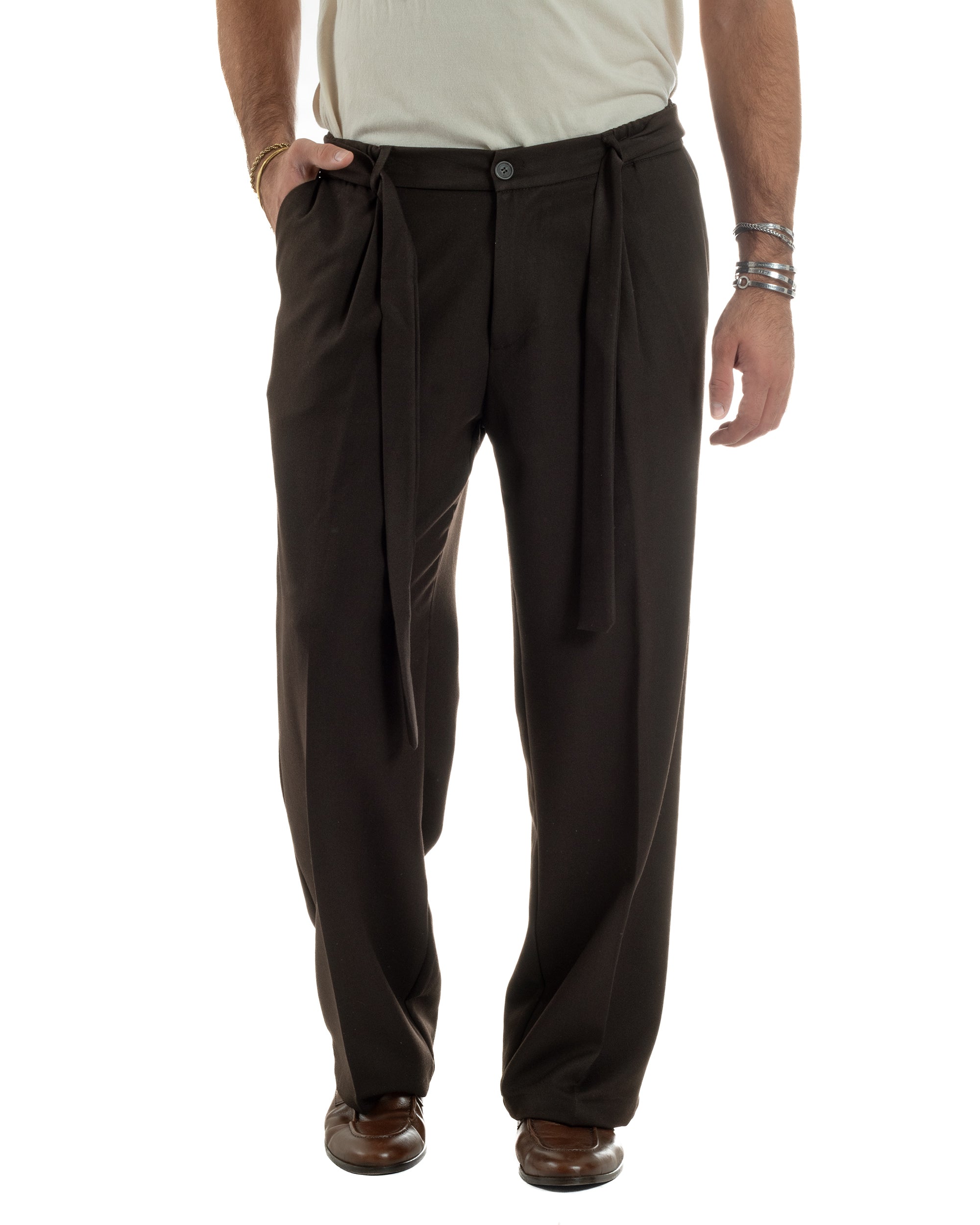Pantaloni Uomo Viscosa Palazzo Fondo Ampio Cintura Baggy Marrone P6400A