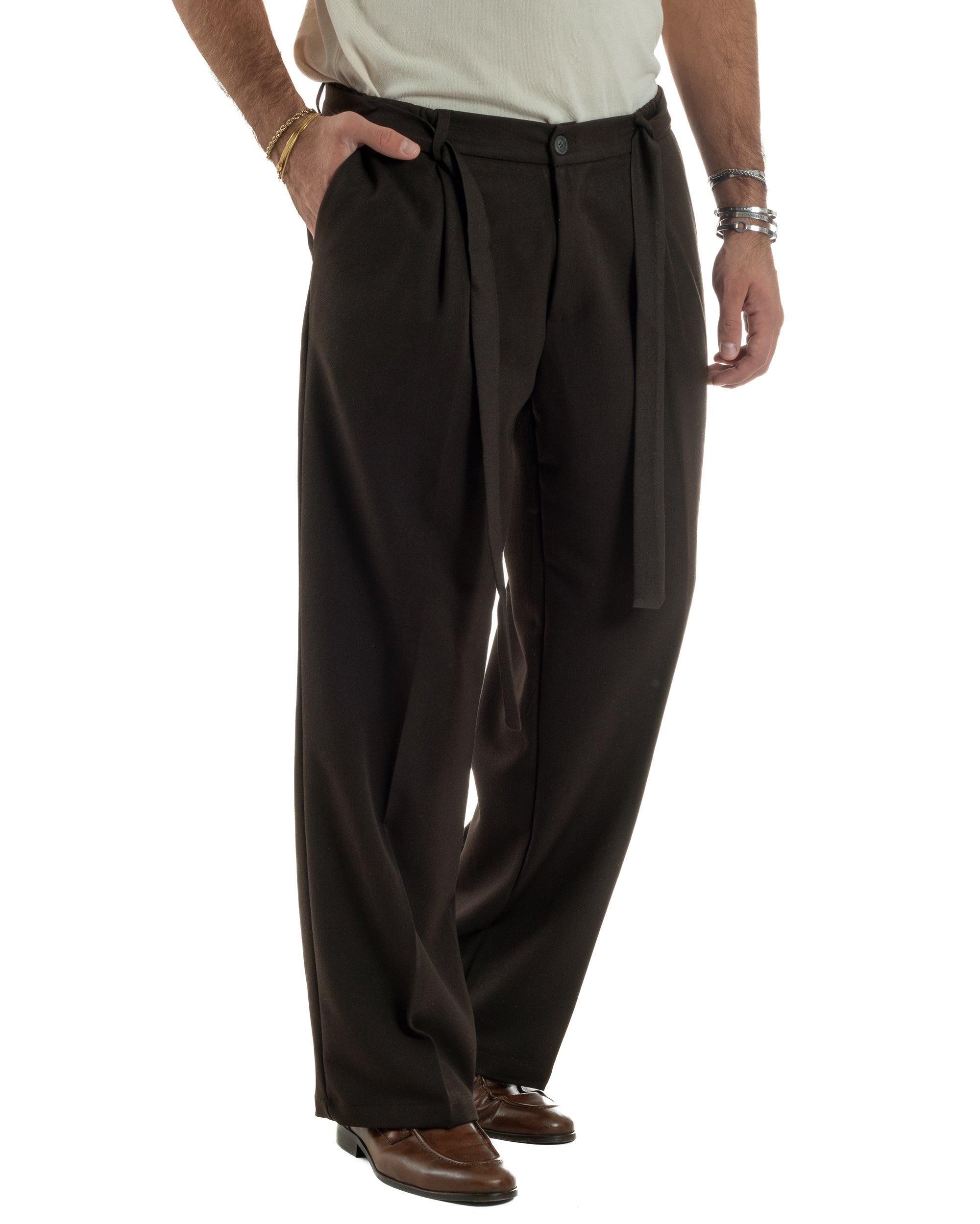 Pantaloni Uomo Viscosa Palazzo Fondo Ampio Cintura Baggy Marrone P6400A