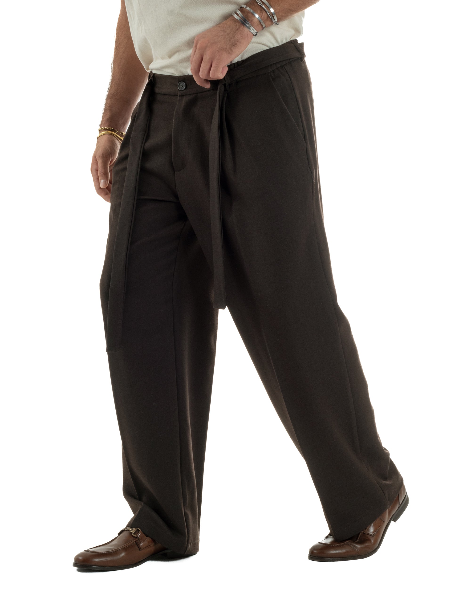 Pantaloni Uomo Viscosa Palazzo Fondo Ampio Cintura Baggy Marrone P6400A