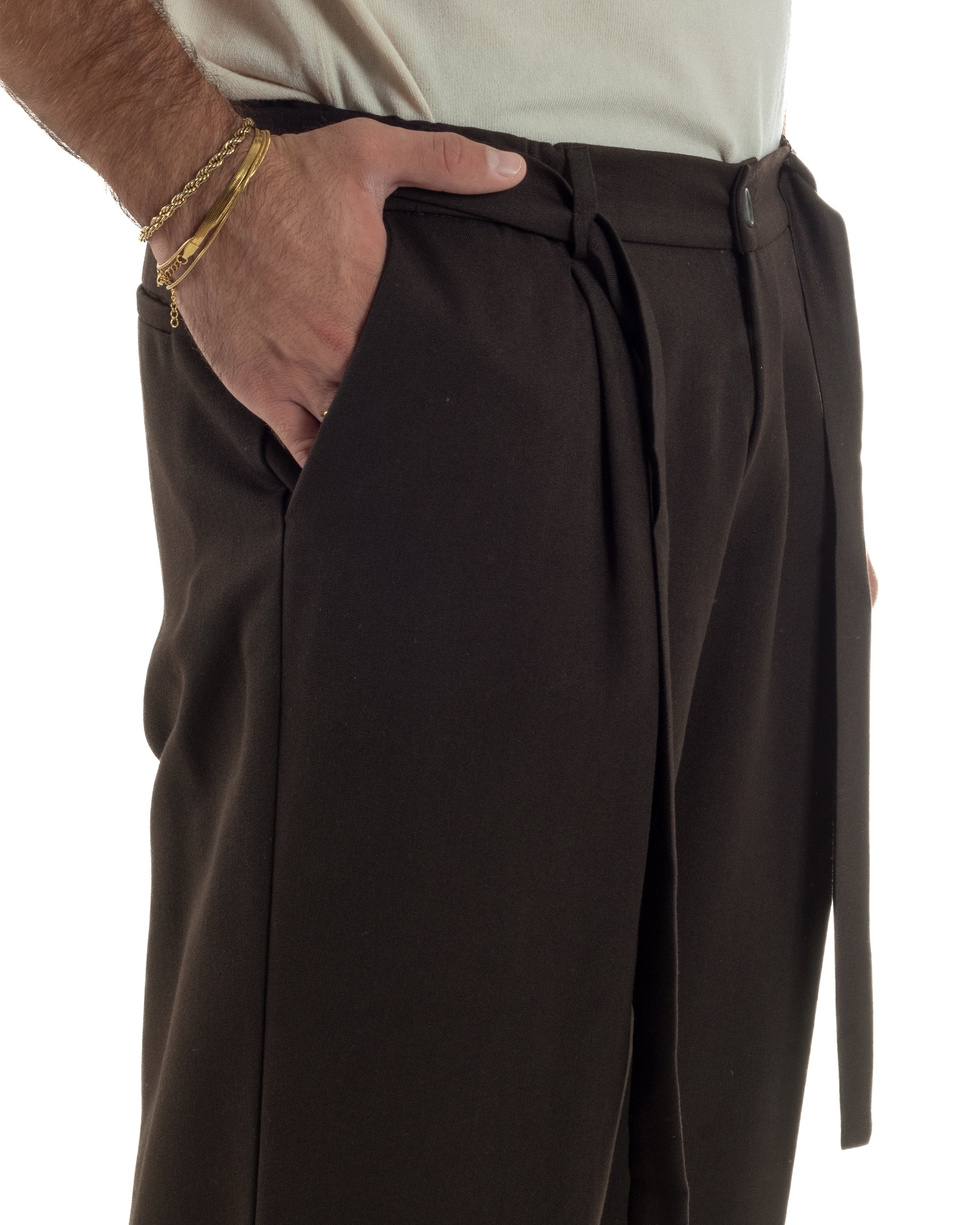 Pantaloni Uomo Viscosa Palazzo Fondo Ampio Cintura Baggy Marrone P6400A