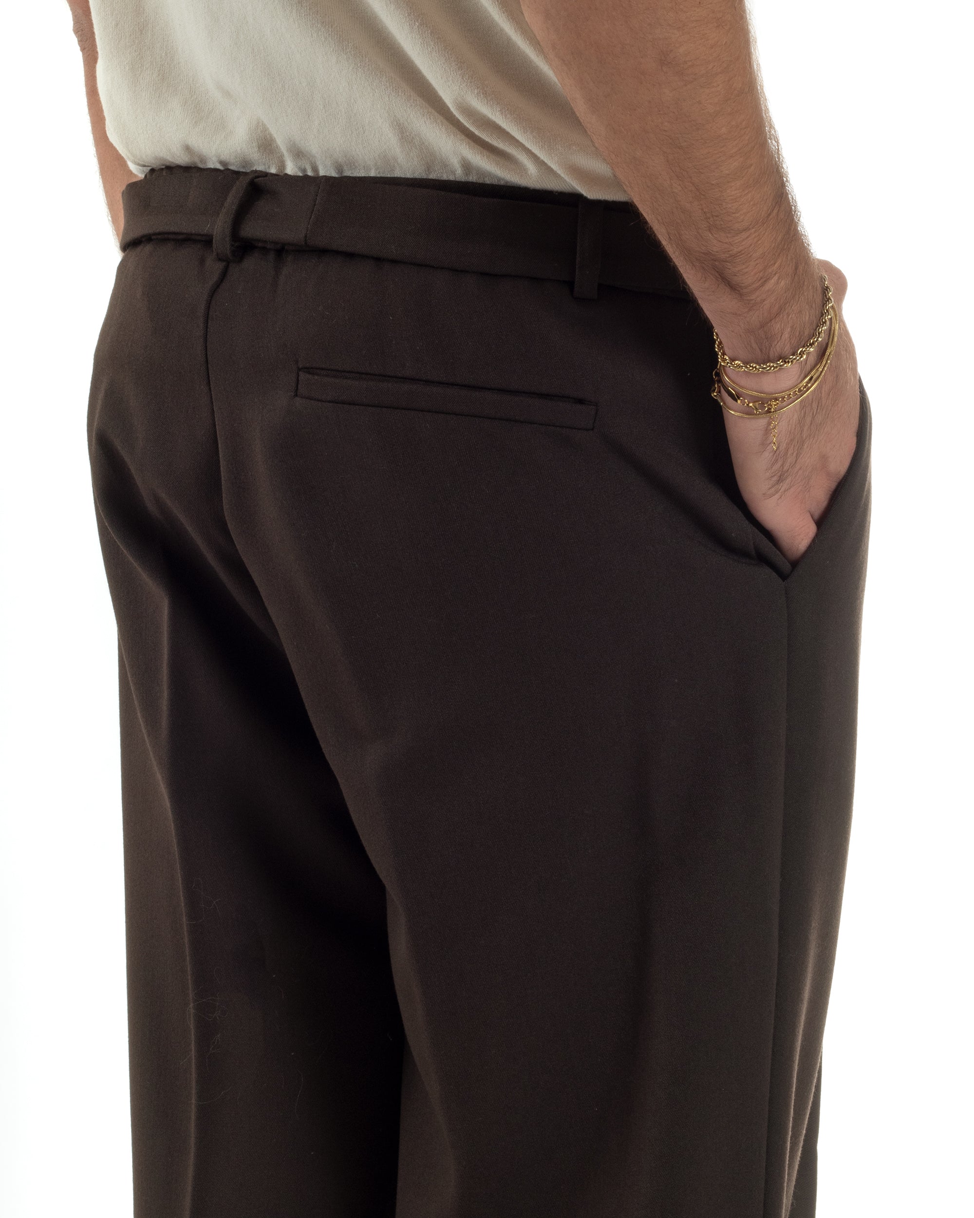 Pantaloni Uomo Viscosa Palazzo Fondo Ampio Cintura Baggy Marrone P6400A