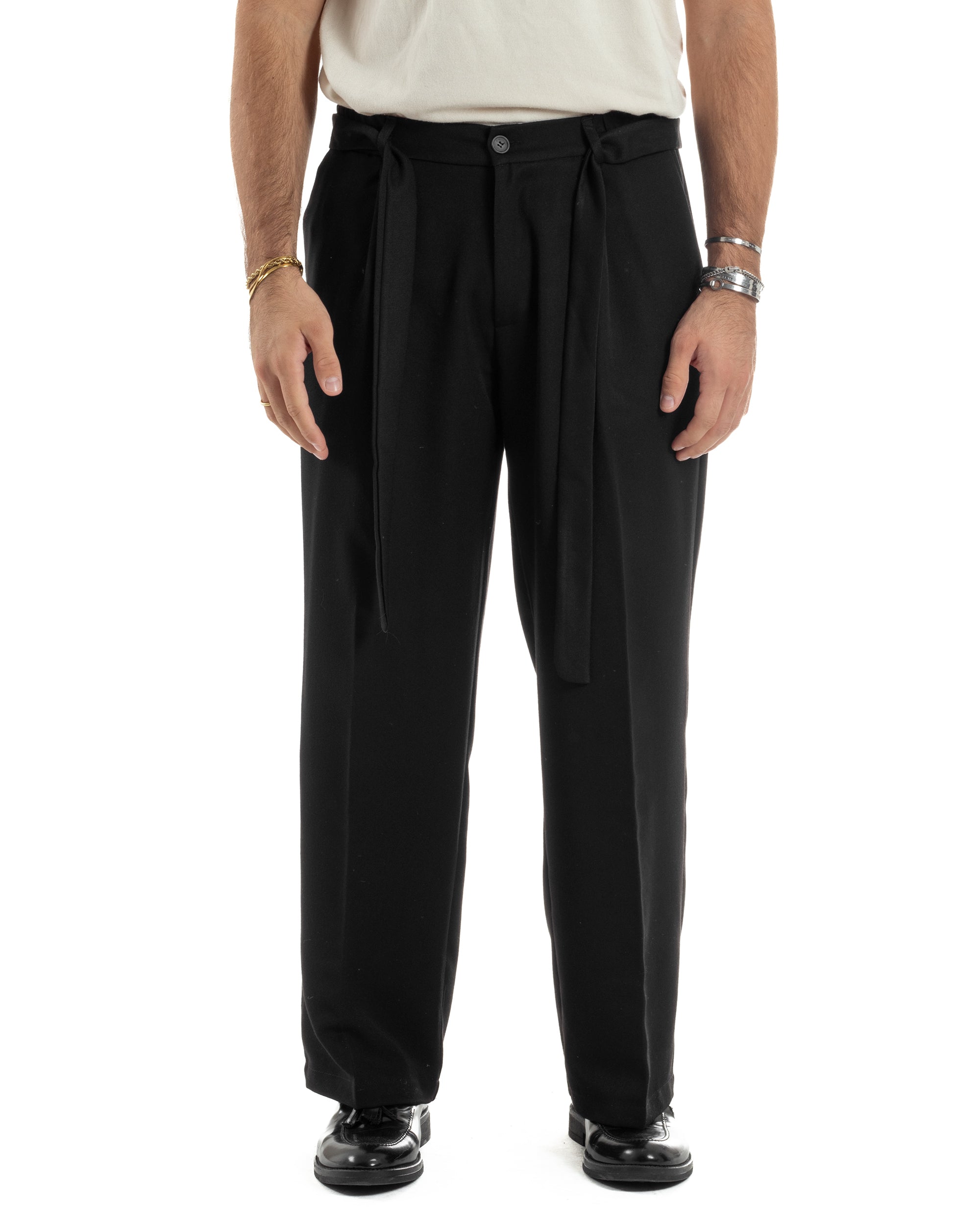 Pantaloni Uomo Viscosa Palazzo Fondo Ampio Cintura Baggy Nero P6403A