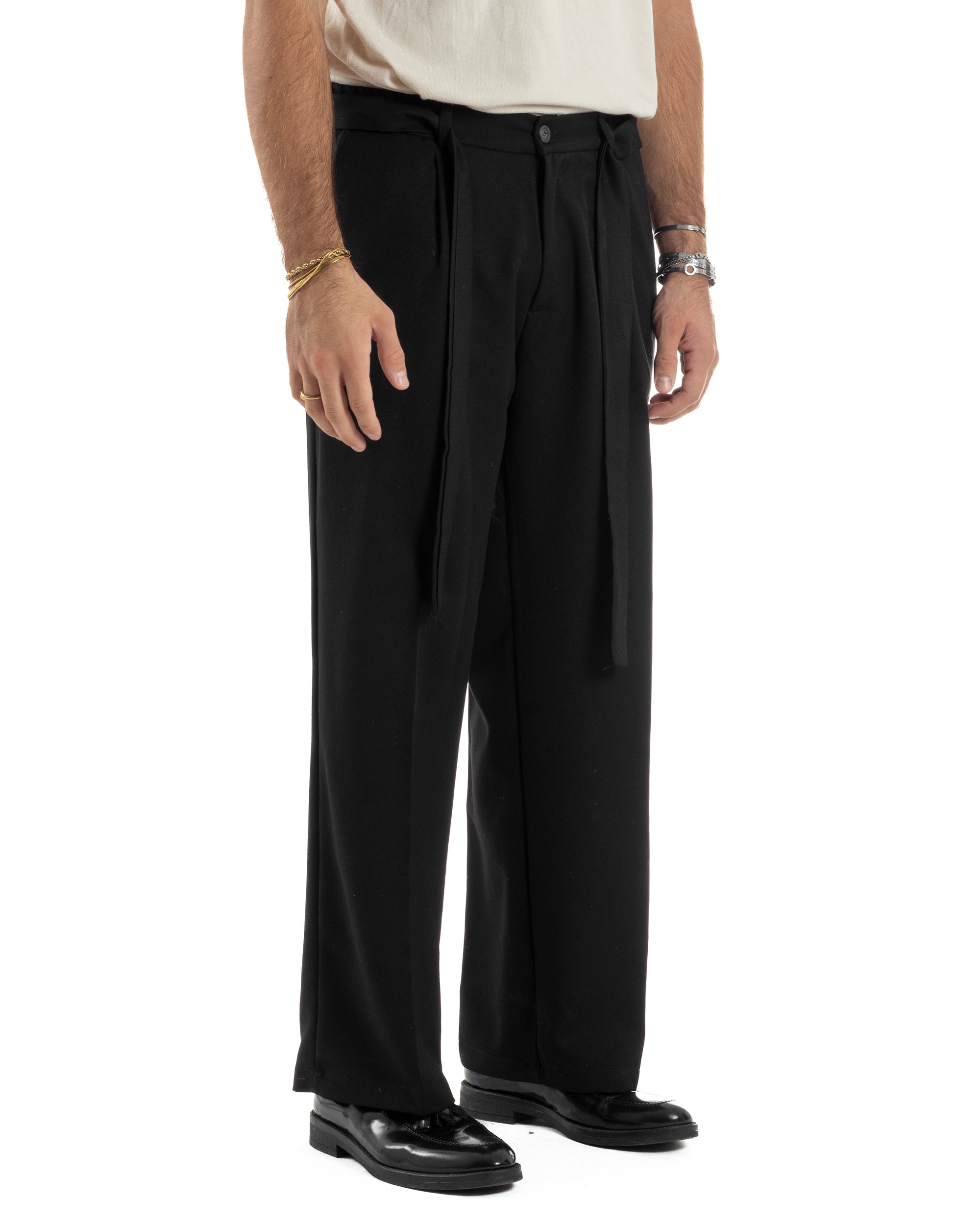 Pantaloni Uomo Viscosa Palazzo Fondo Ampio Cintura Baggy Nero P6403A