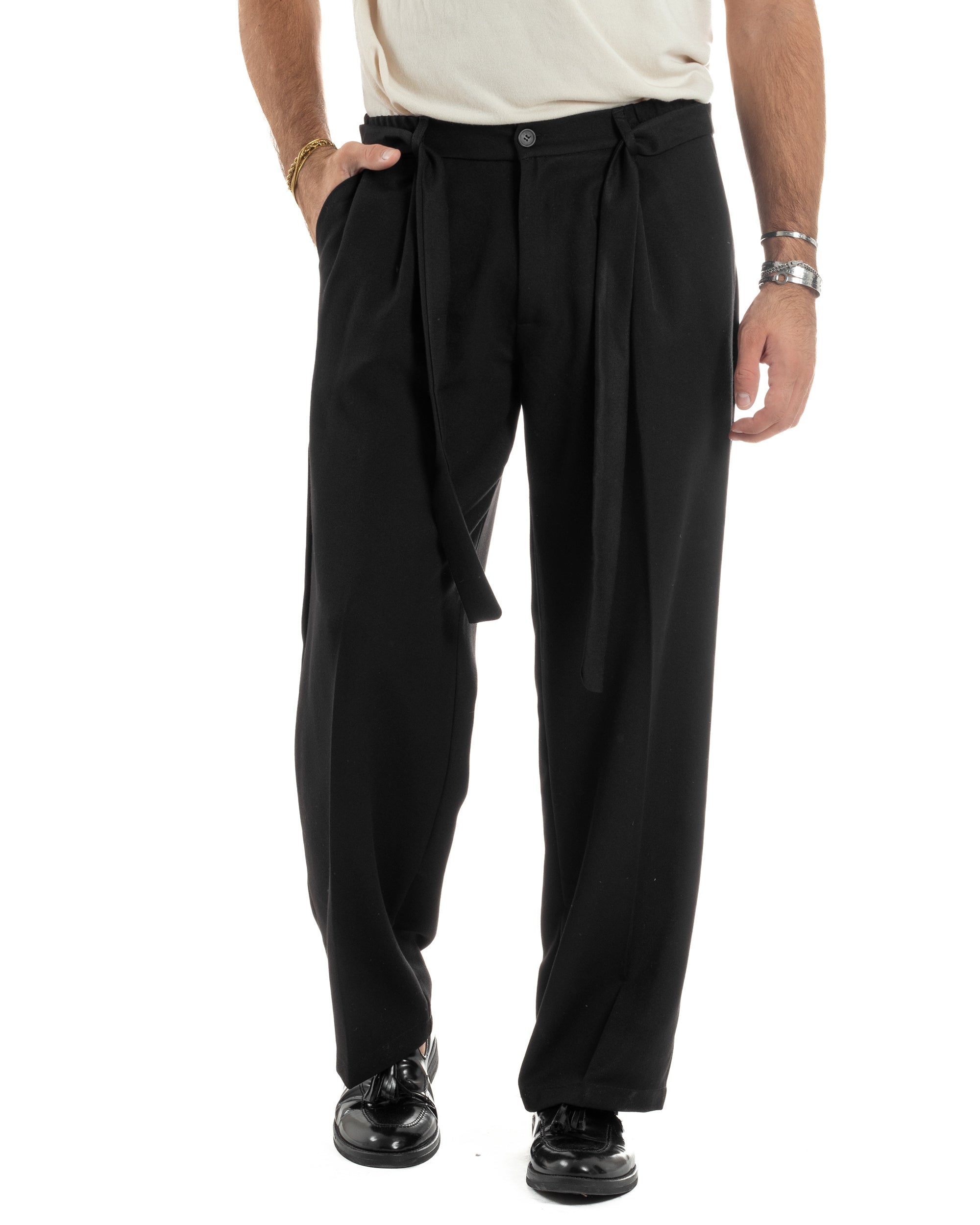 Pantaloni Uomo Viscosa Palazzo Fondo Ampio Cintura Baggy Nero P6403A