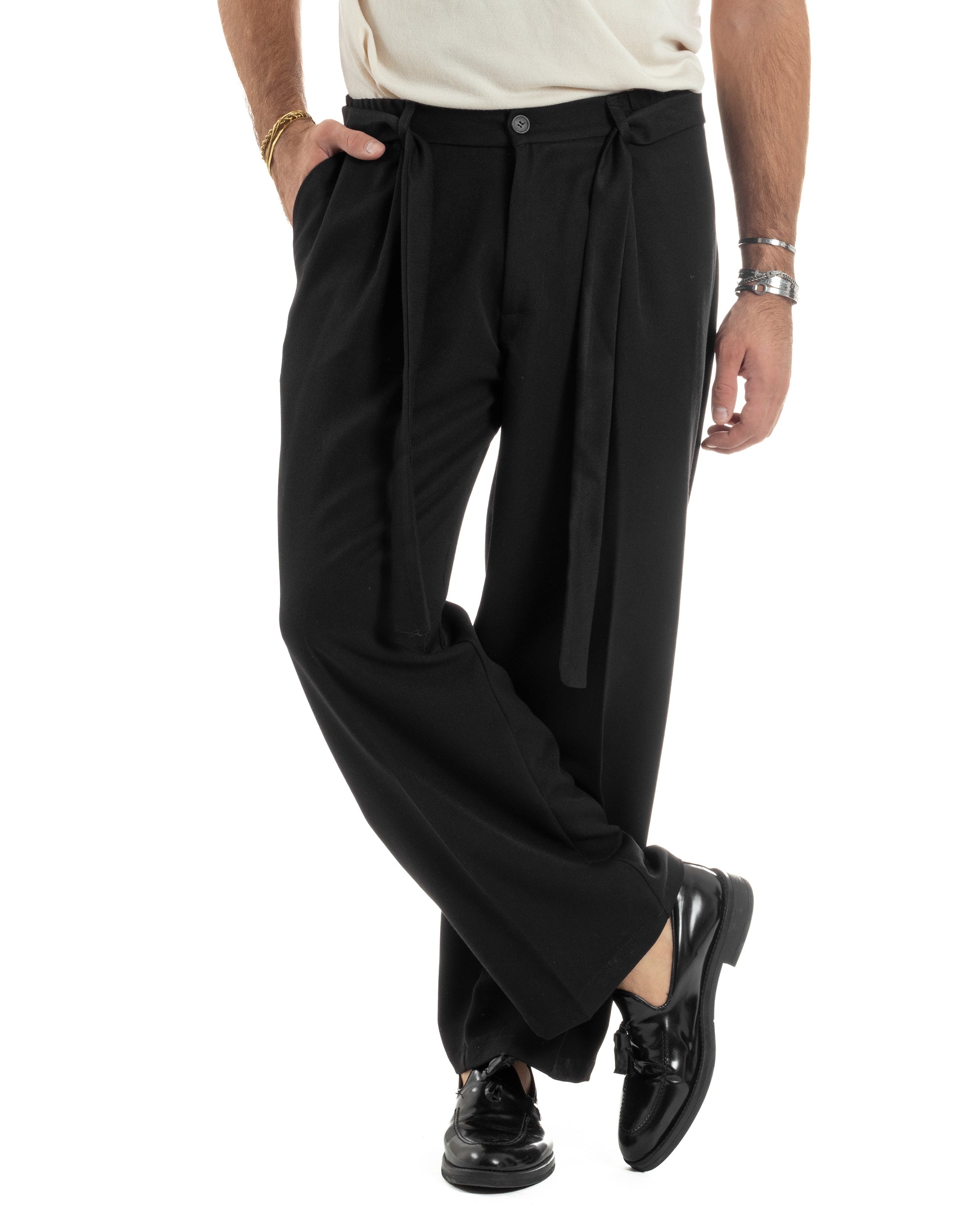 Pantaloni Uomo Viscosa Palazzo Fondo Ampio Cintura Baggy Nero P6403A