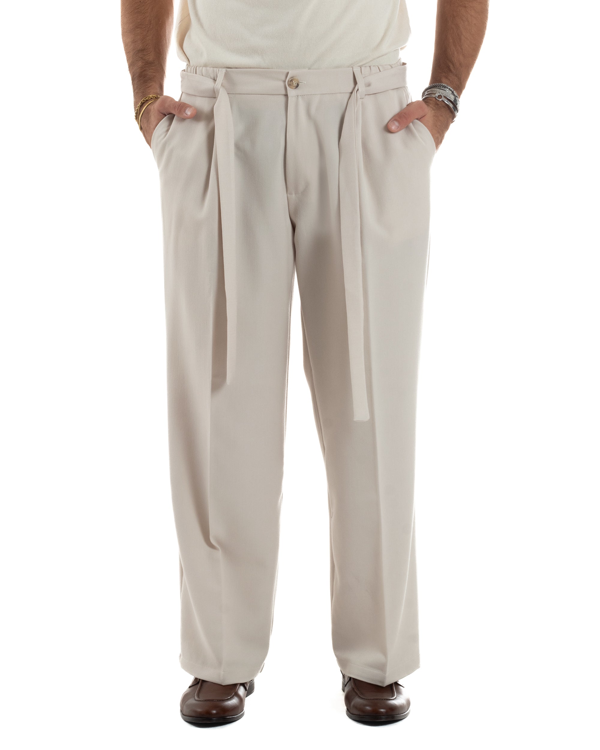 Pantaloni Uomo Viscosa Palazzo Fondo Ampio Cintura Baggy Panna P6399A