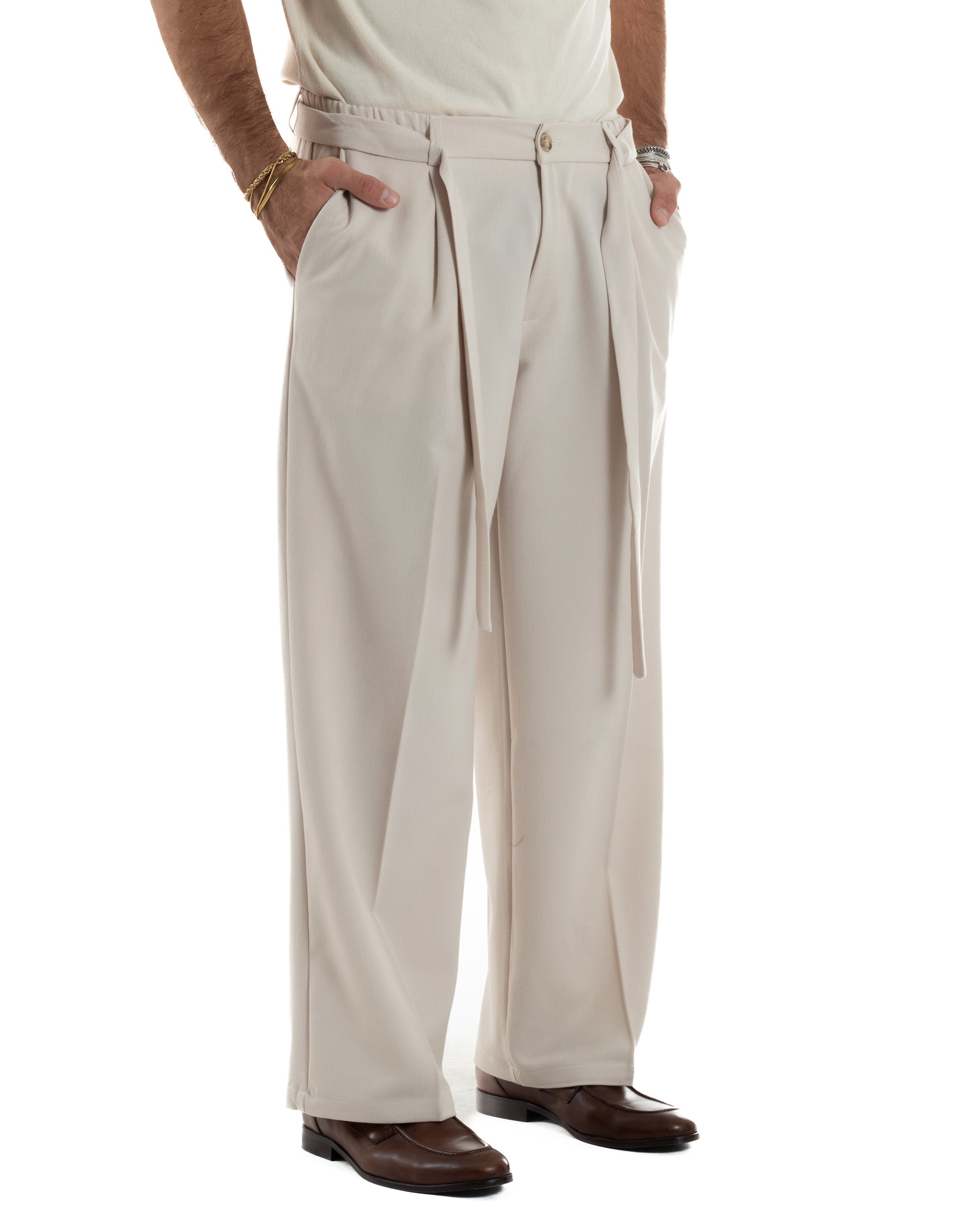 Pantaloni Uomo Viscosa Palazzo Fondo Ampio Cintura Baggy Panna P6399A