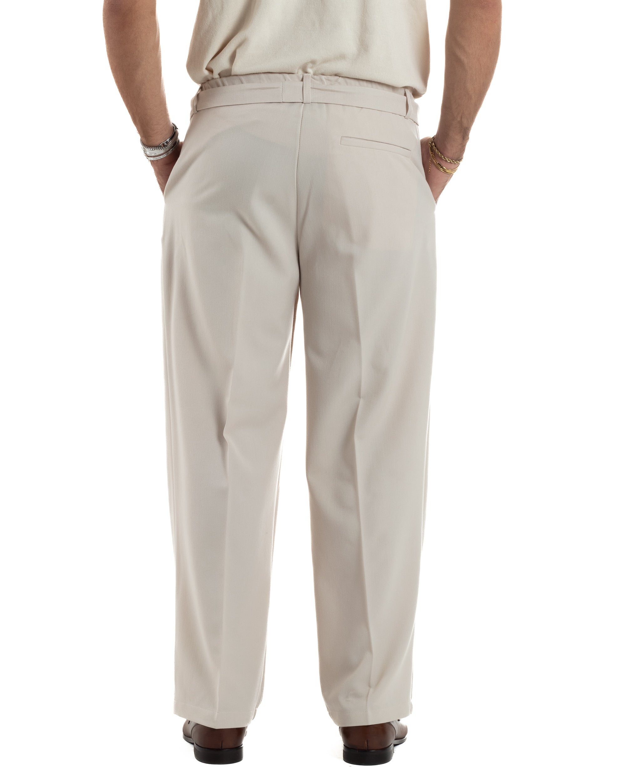 Pantaloni Uomo Viscosa Palazzo Fondo Ampio Cintura Baggy Panna P6399A