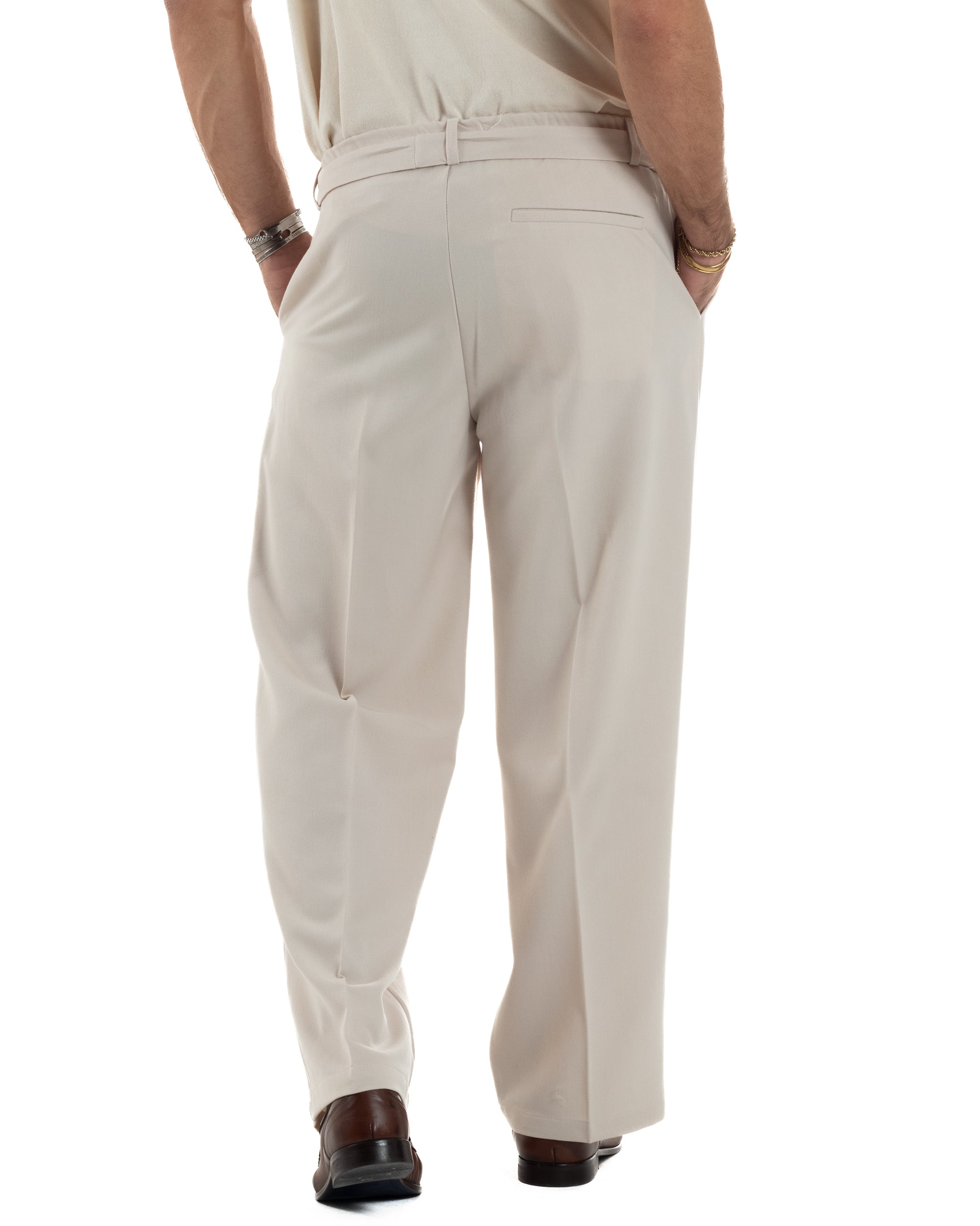 Pantaloni Uomo Viscosa Palazzo Fondo Ampio Cintura Baggy Panna P6399A