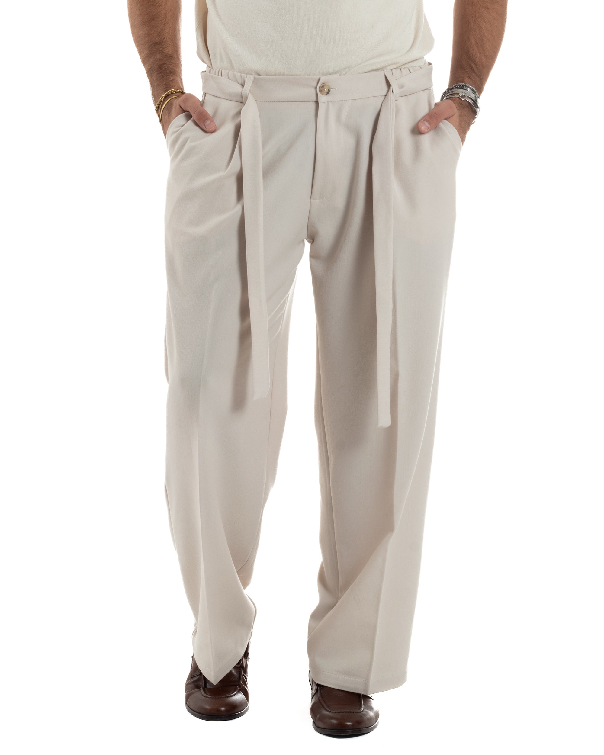 Pantaloni Uomo Viscosa Palazzo Fondo Ampio Cintura Baggy Panna P6399A