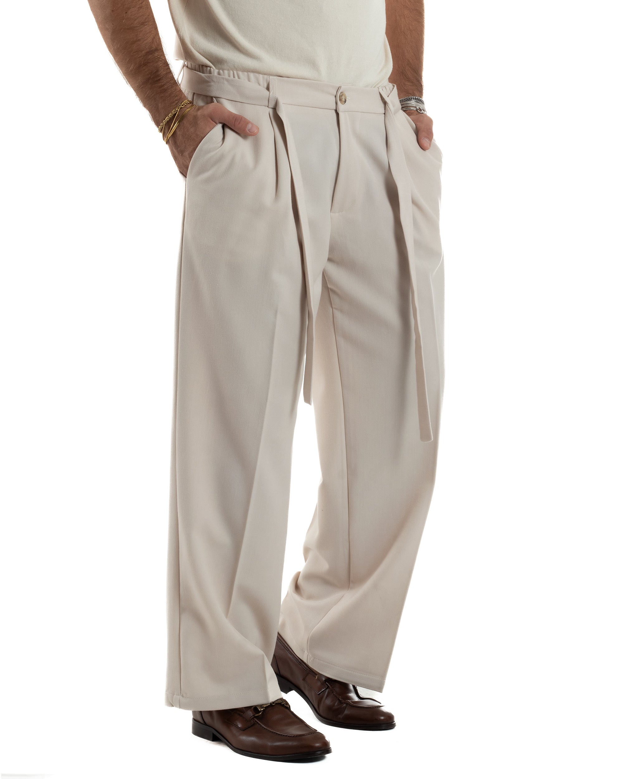 Pantaloni Uomo Viscosa Palazzo Fondo Ampio Cintura Baggy Panna P6399A