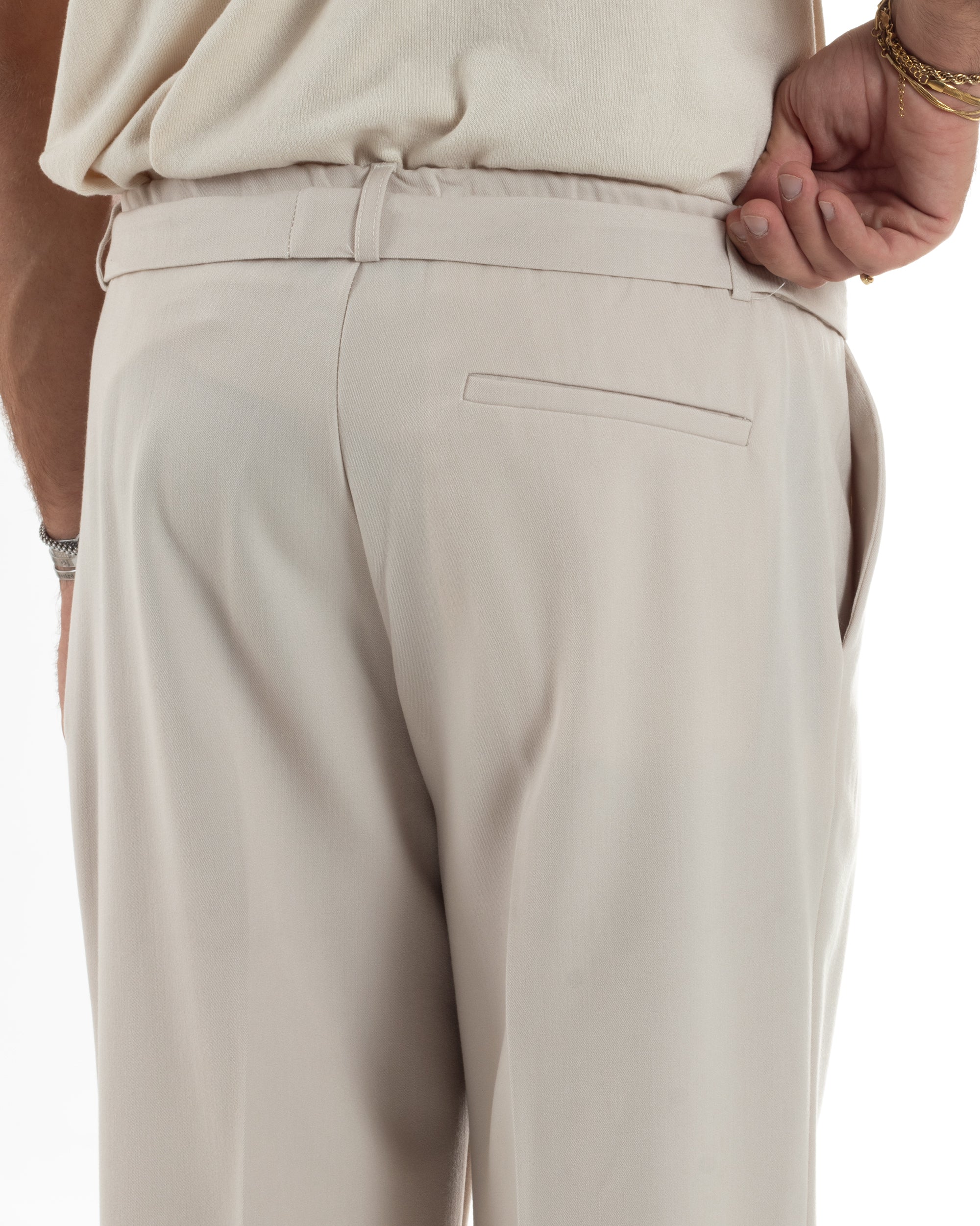 Pantaloni Uomo Viscosa Palazzo Fondo Ampio Cintura Baggy Panna P6399A