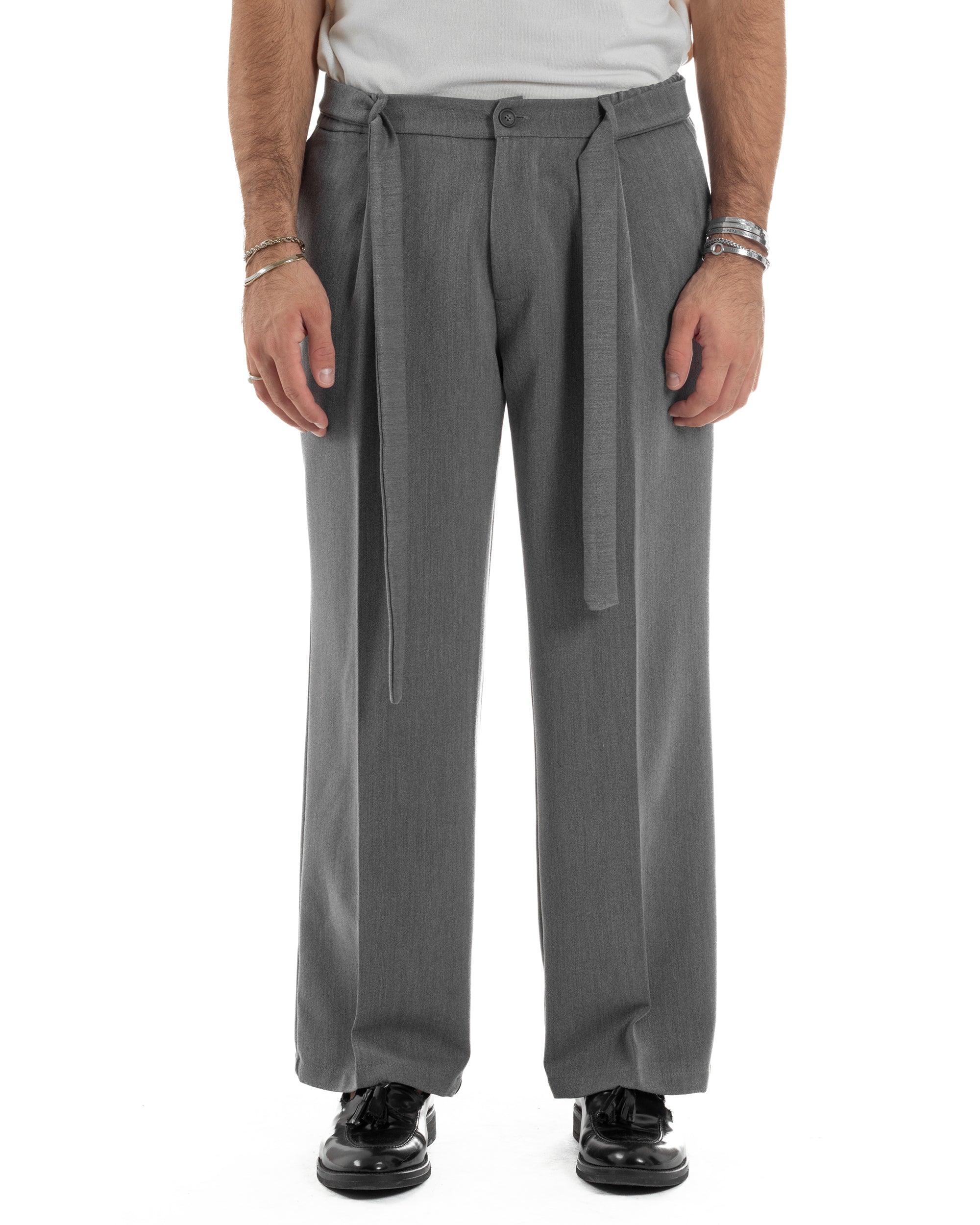 Pantaloni Uomo Viscosa Palazzo Fondo Ampio Cintura Baggy Grigio P6398A
