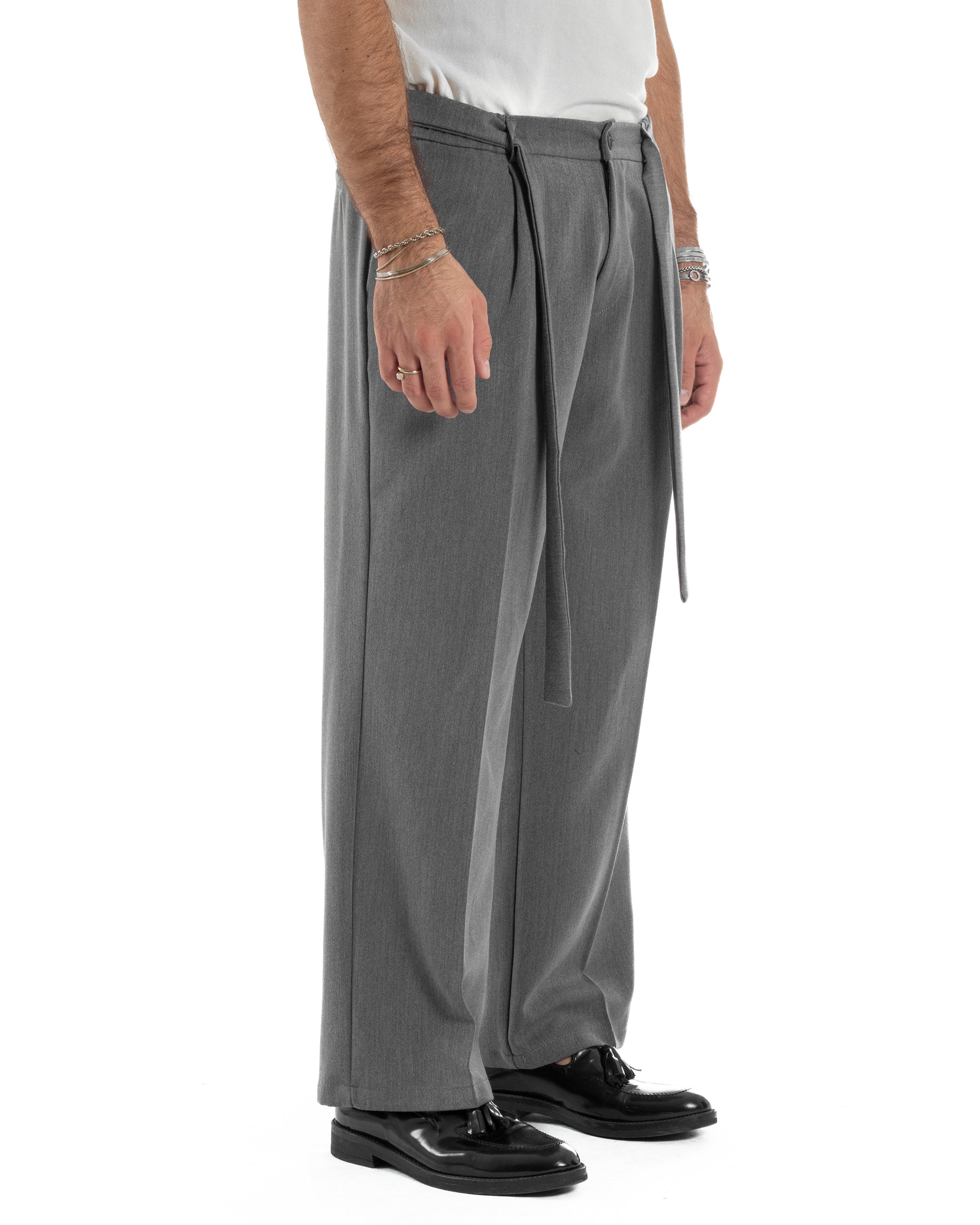 Pantaloni Uomo Viscosa Palazzo Fondo Ampio Cintura Baggy Grigio P6398A