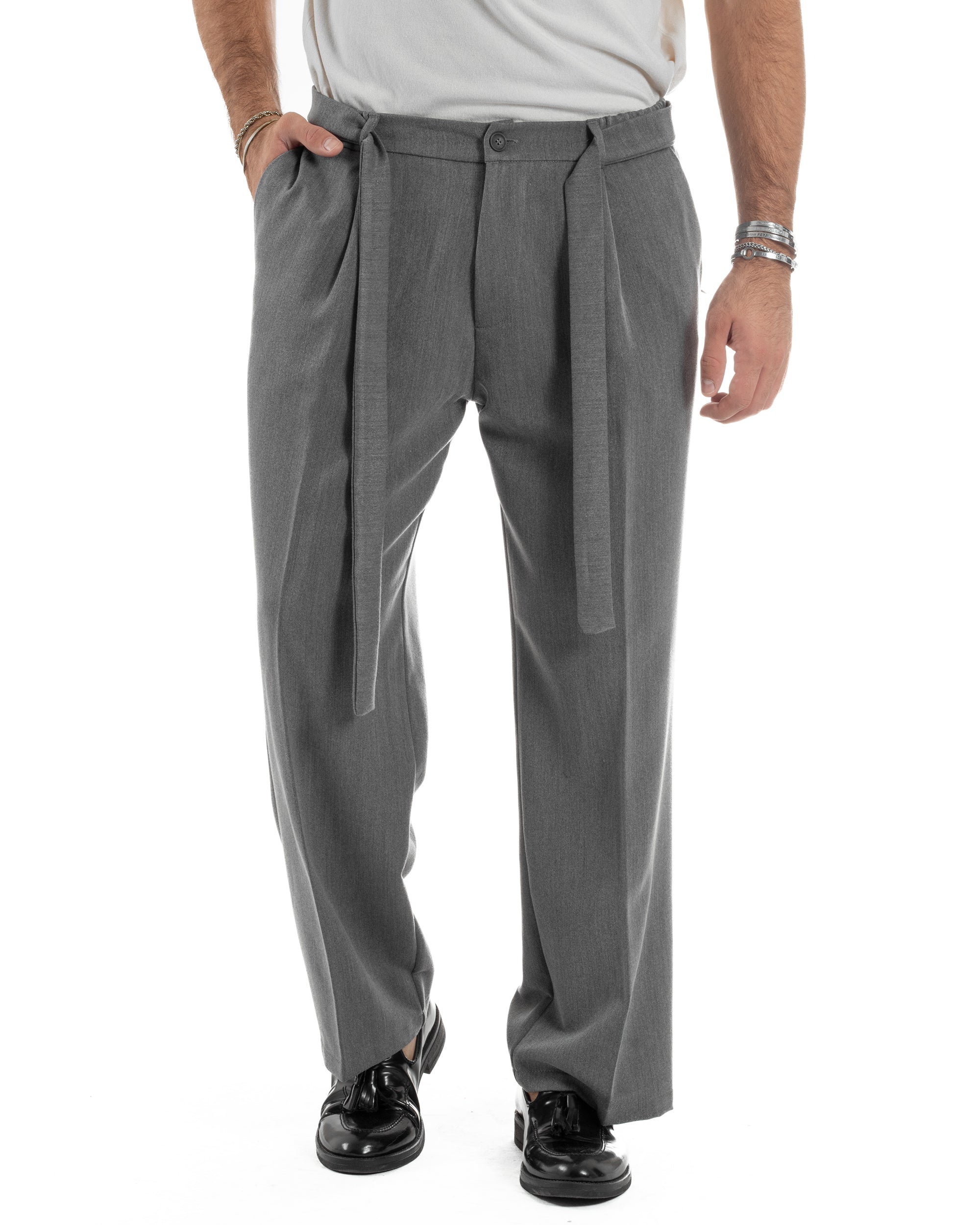 Pantaloni Uomo Viscosa Palazzo Fondo Ampio Cintura Baggy Grigio P6398A