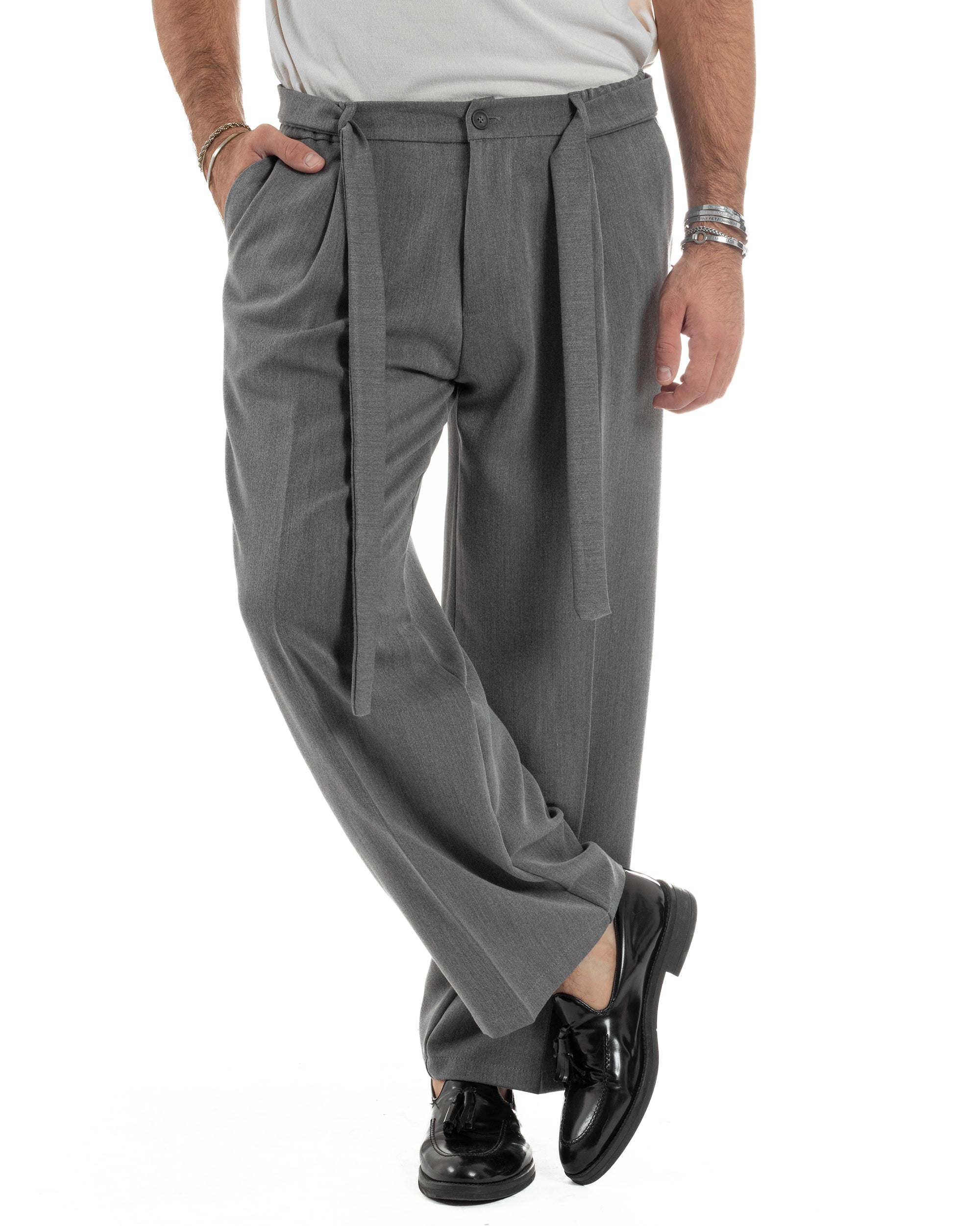 Pantaloni Uomo Viscosa Palazzo Fondo Ampio Cintura Baggy Grigio P6398A