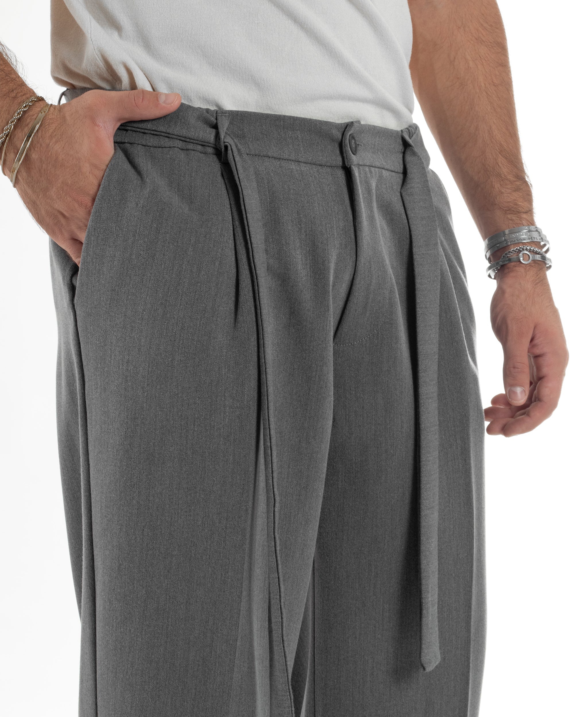 Pantaloni Uomo Viscosa Palazzo Fondo Ampio Cintura Baggy Grigio P6398A