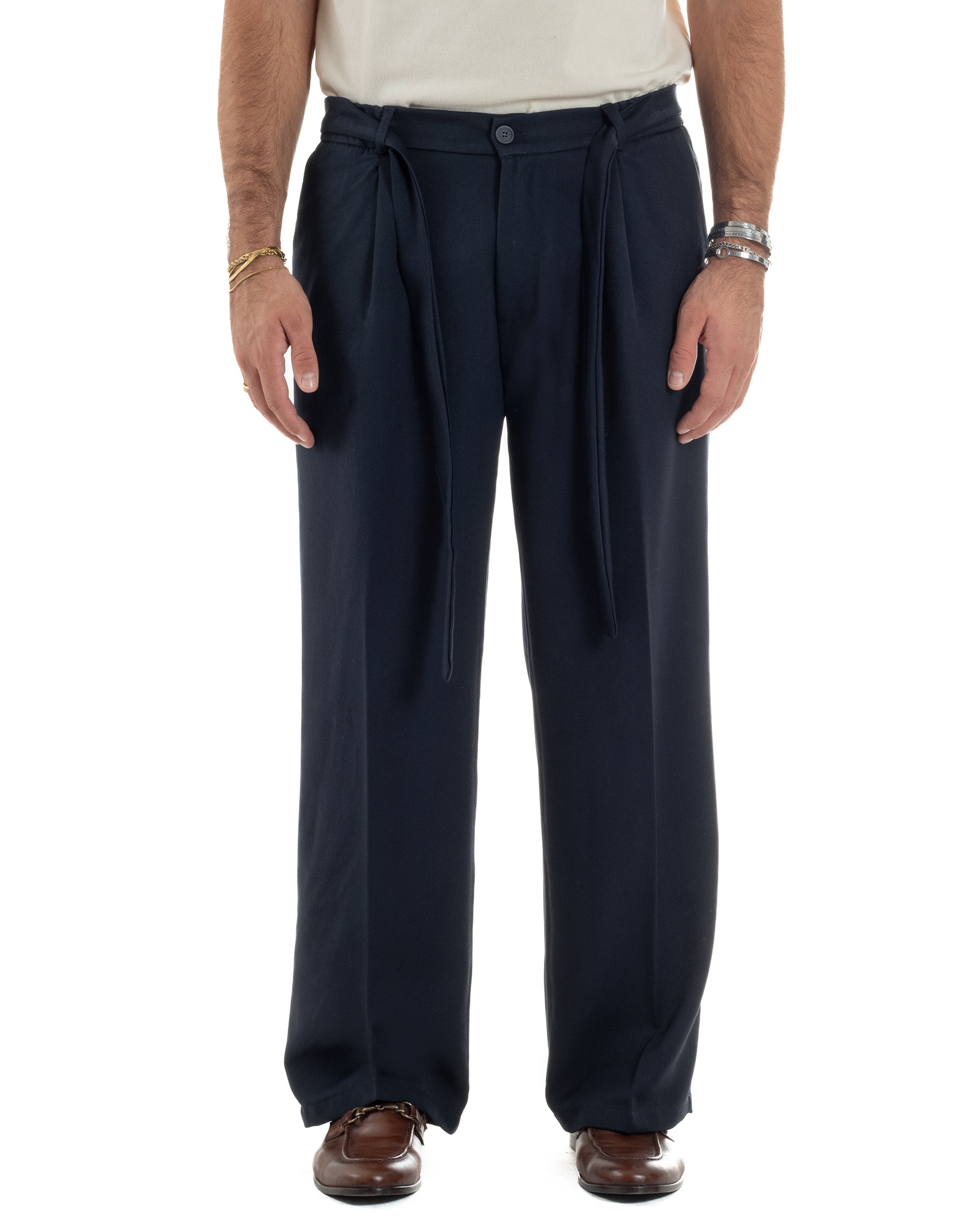 Pantaloni Uomo Viscosa Palazzo Fondo Ampio Cintura Baggy Blu P6401A