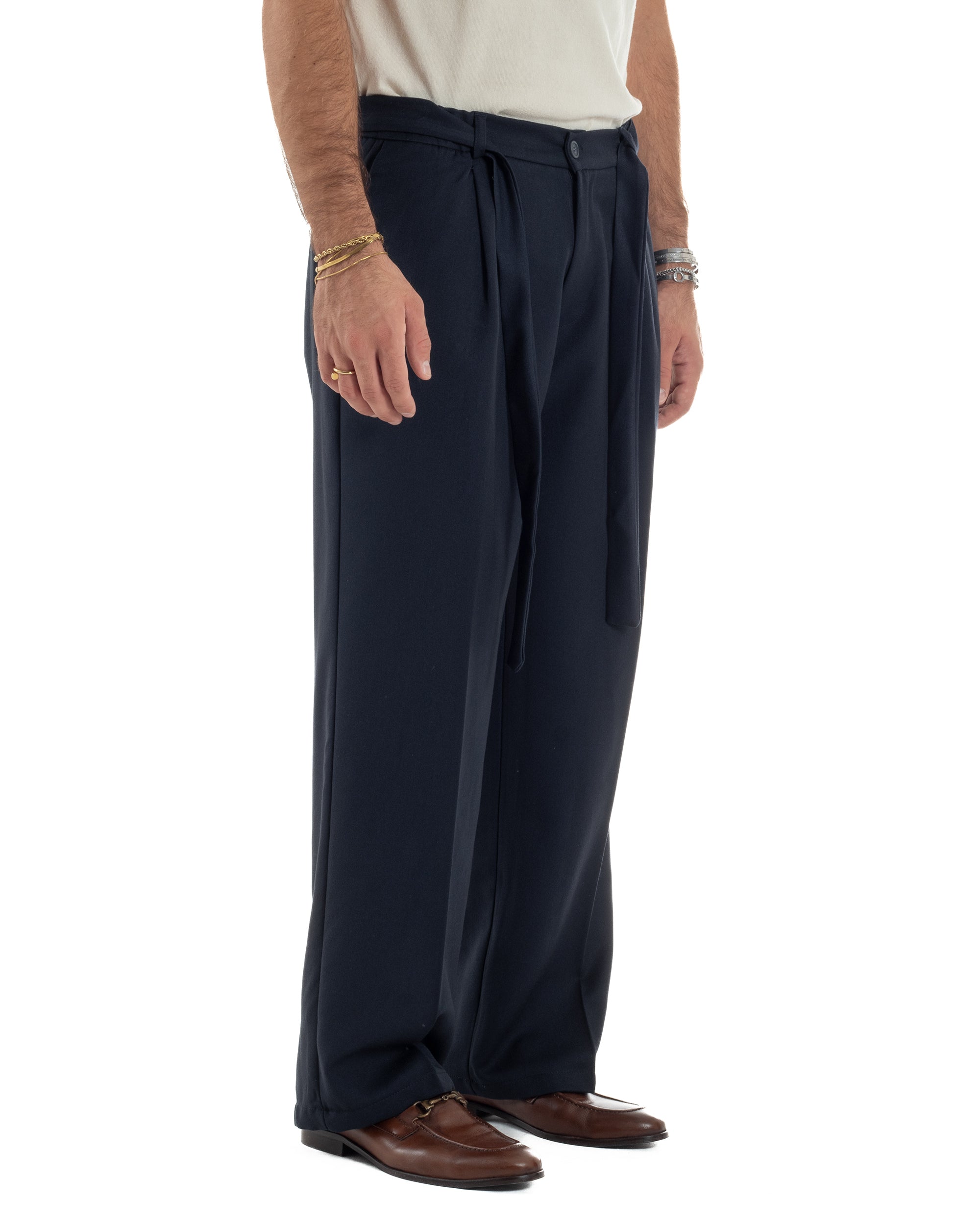 Pantaloni Uomo Viscosa Palazzo Fondo Ampio Cintura Baggy Blu P6401A