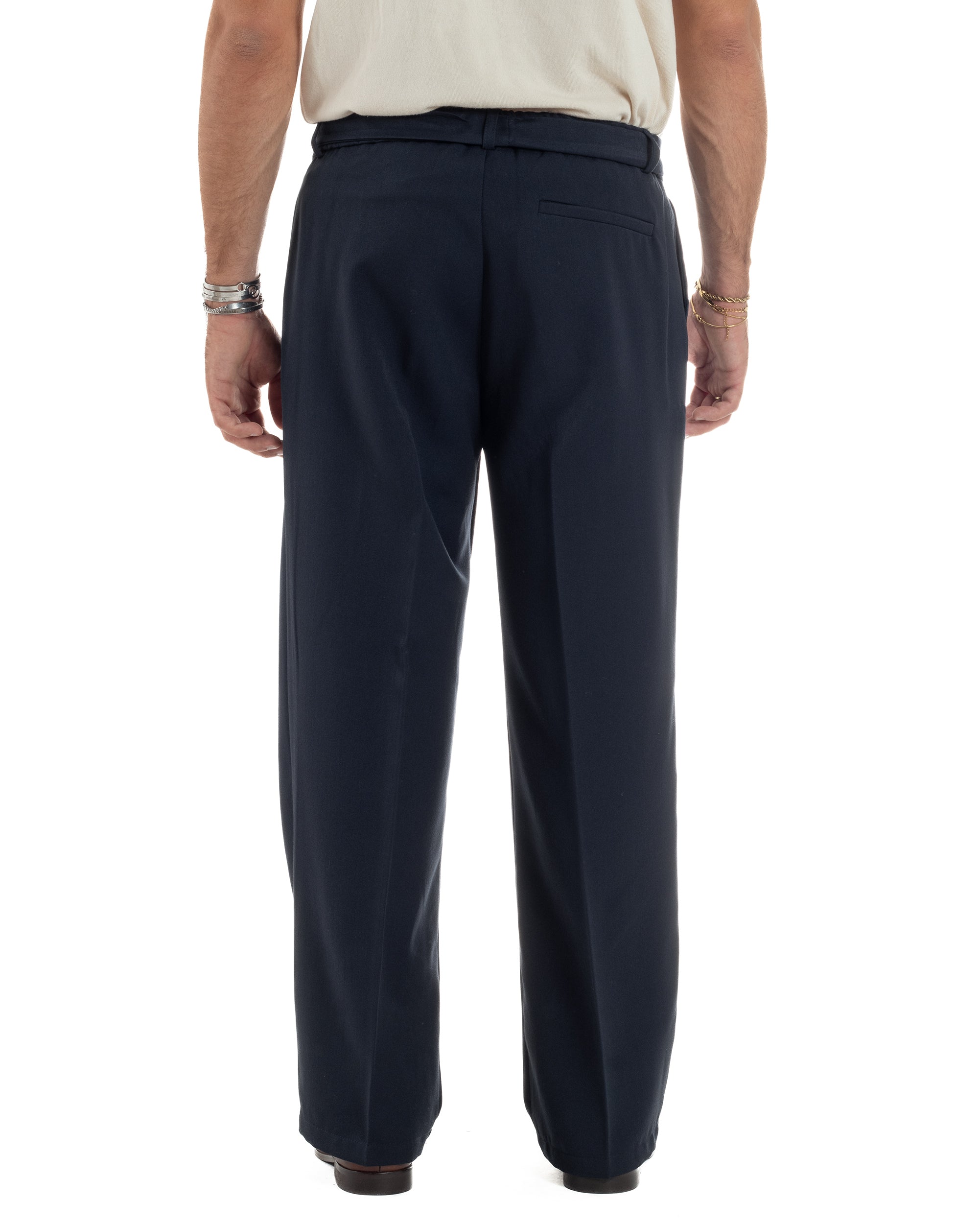 Pantaloni Uomo Viscosa Palazzo Fondo Ampio Cintura Baggy Blu P6401A