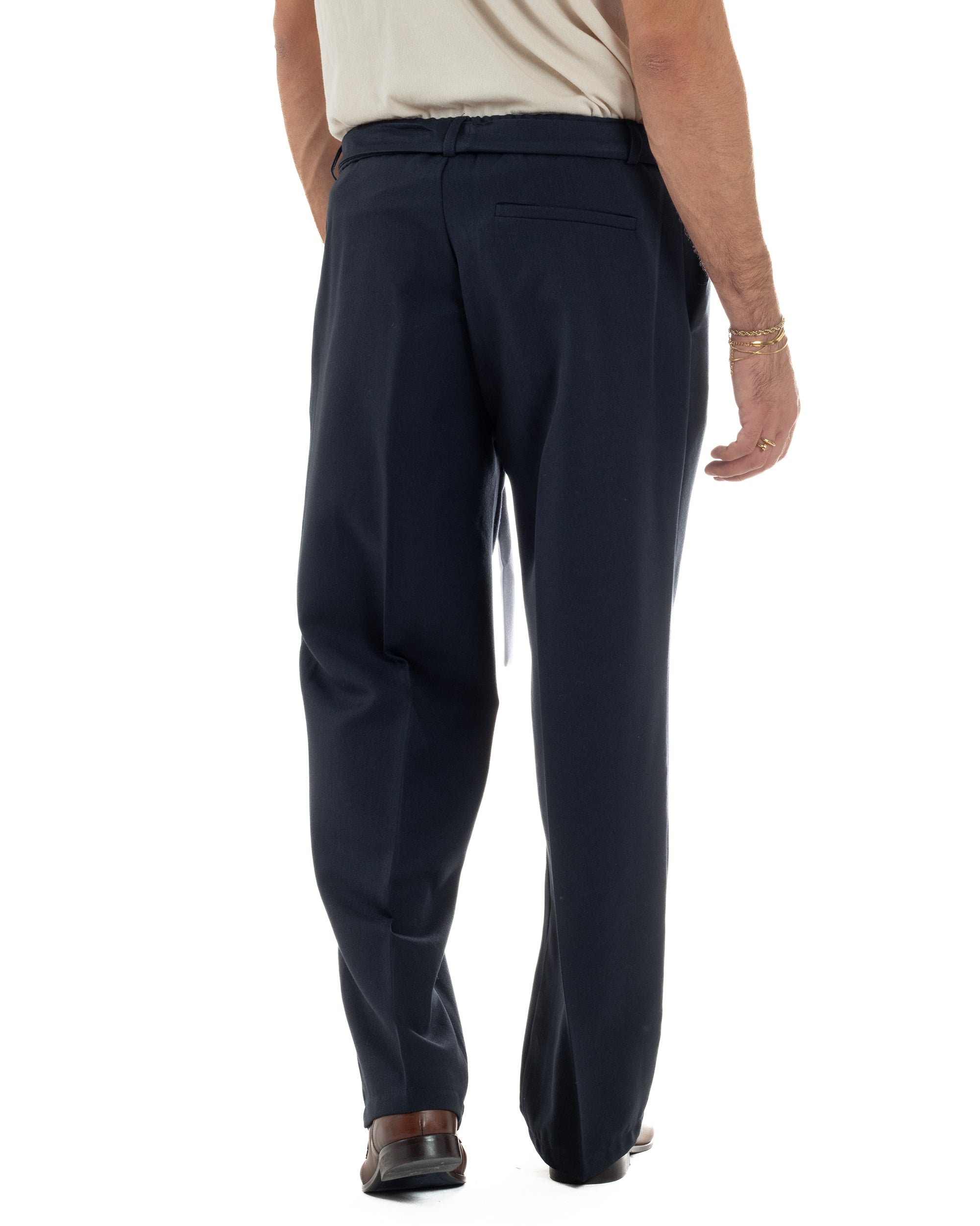 Pantaloni Uomo Viscosa Palazzo Fondo Ampio Cintura Baggy Blu P6401A