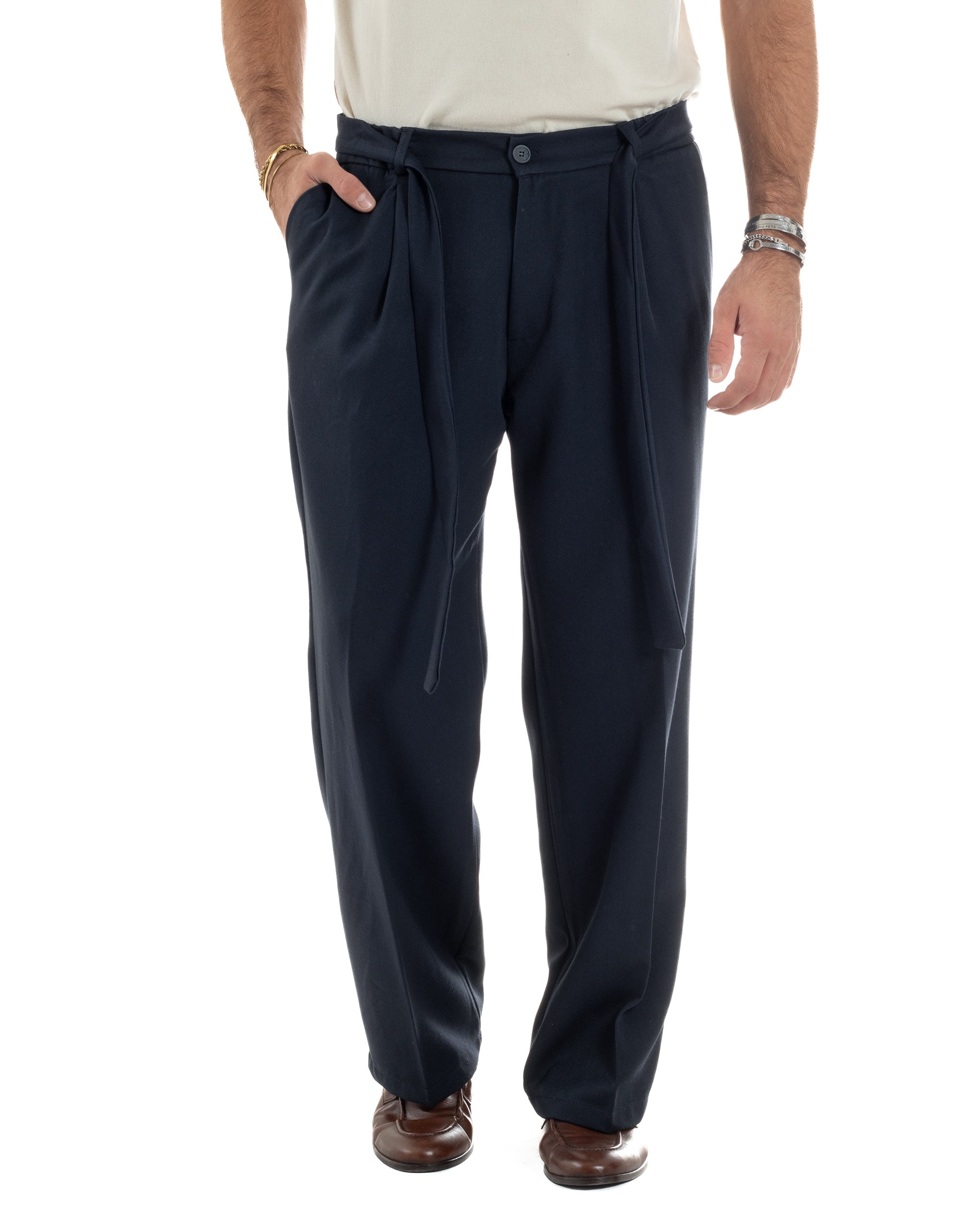 Pantaloni Uomo Viscosa Palazzo Fondo Ampio Cintura Baggy Blu P6401A
