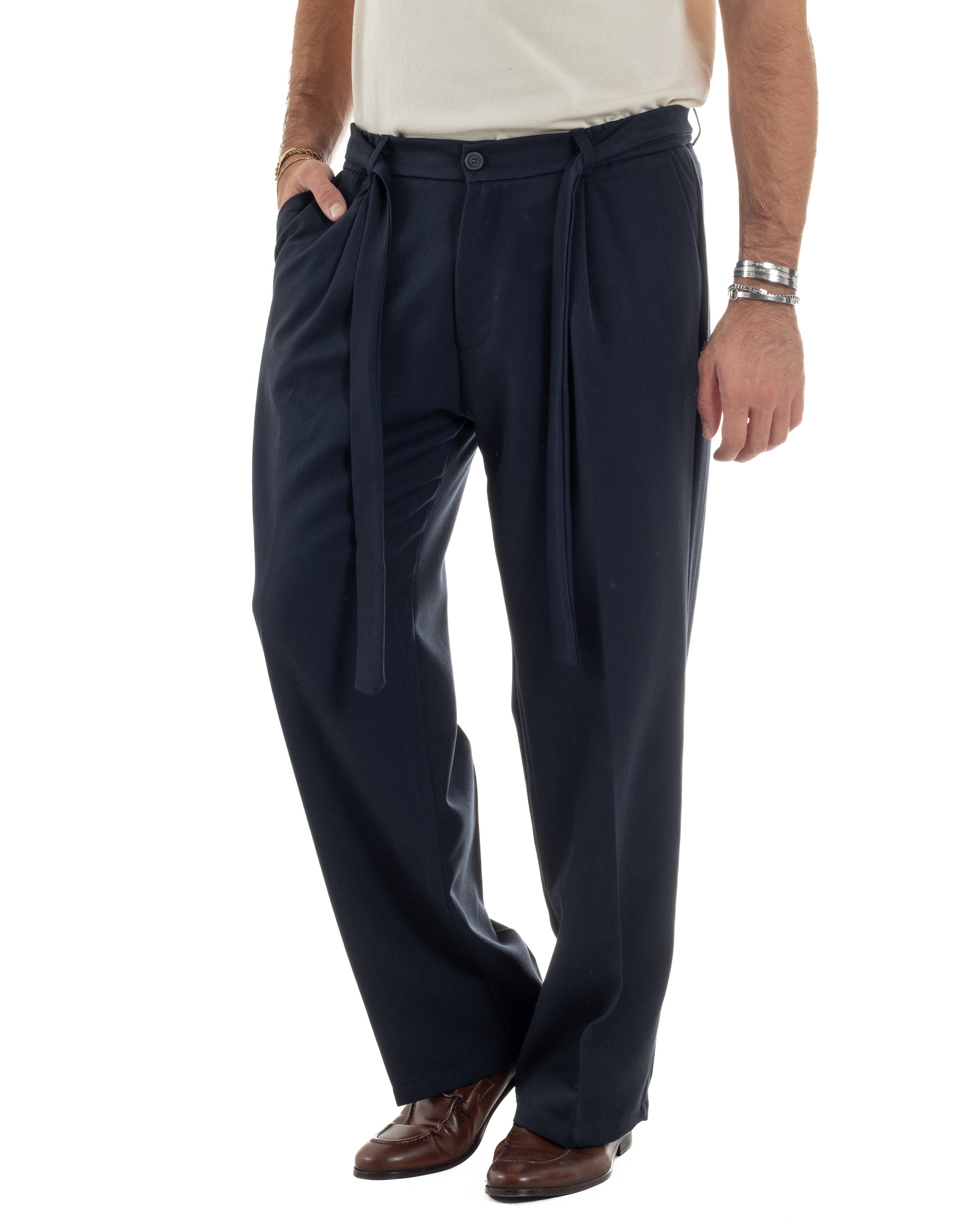 Pantaloni Uomo Viscosa Palazzo Fondo Ampio Cintura Baggy Blu P6401A