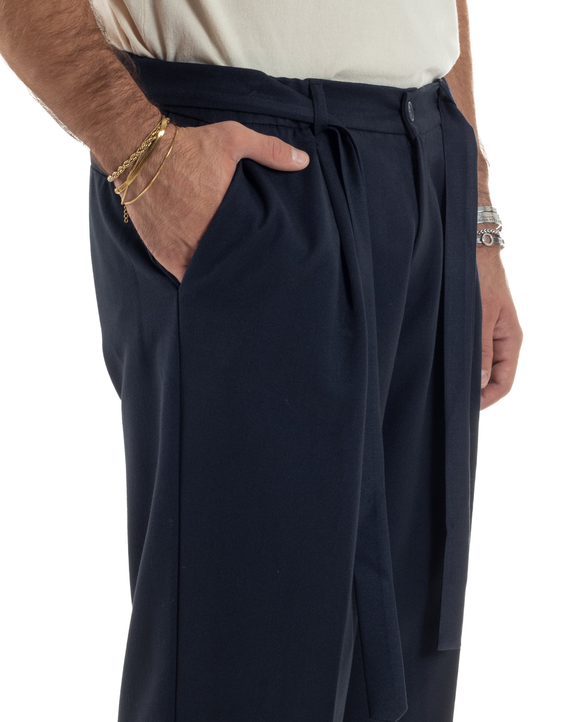 Pantaloni Uomo Viscosa Palazzo Fondo Ampio Cintura Baggy Blu P6401A