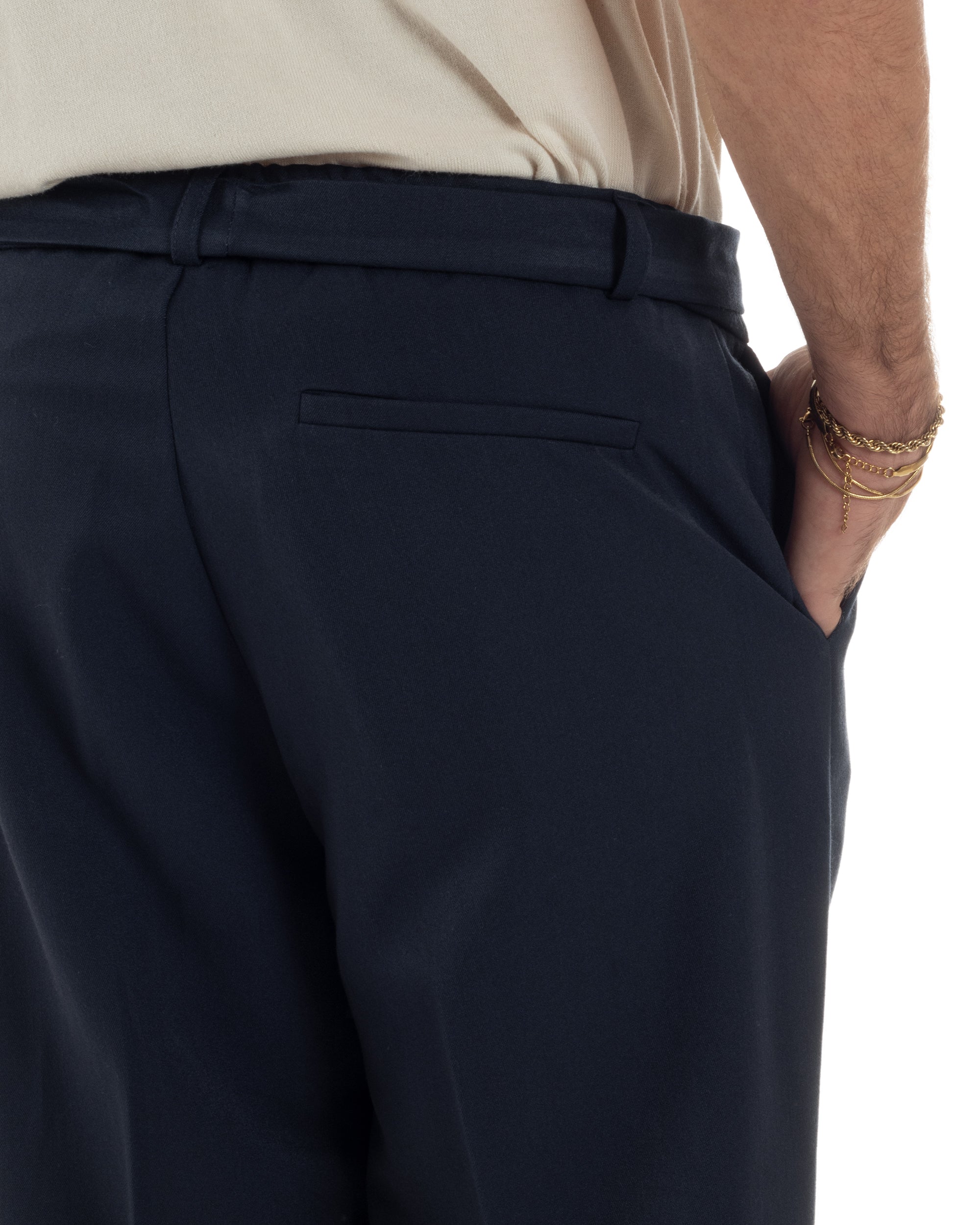 Pantaloni Uomo Viscosa Palazzo Fondo Ampio Cintura Baggy Blu P6401A