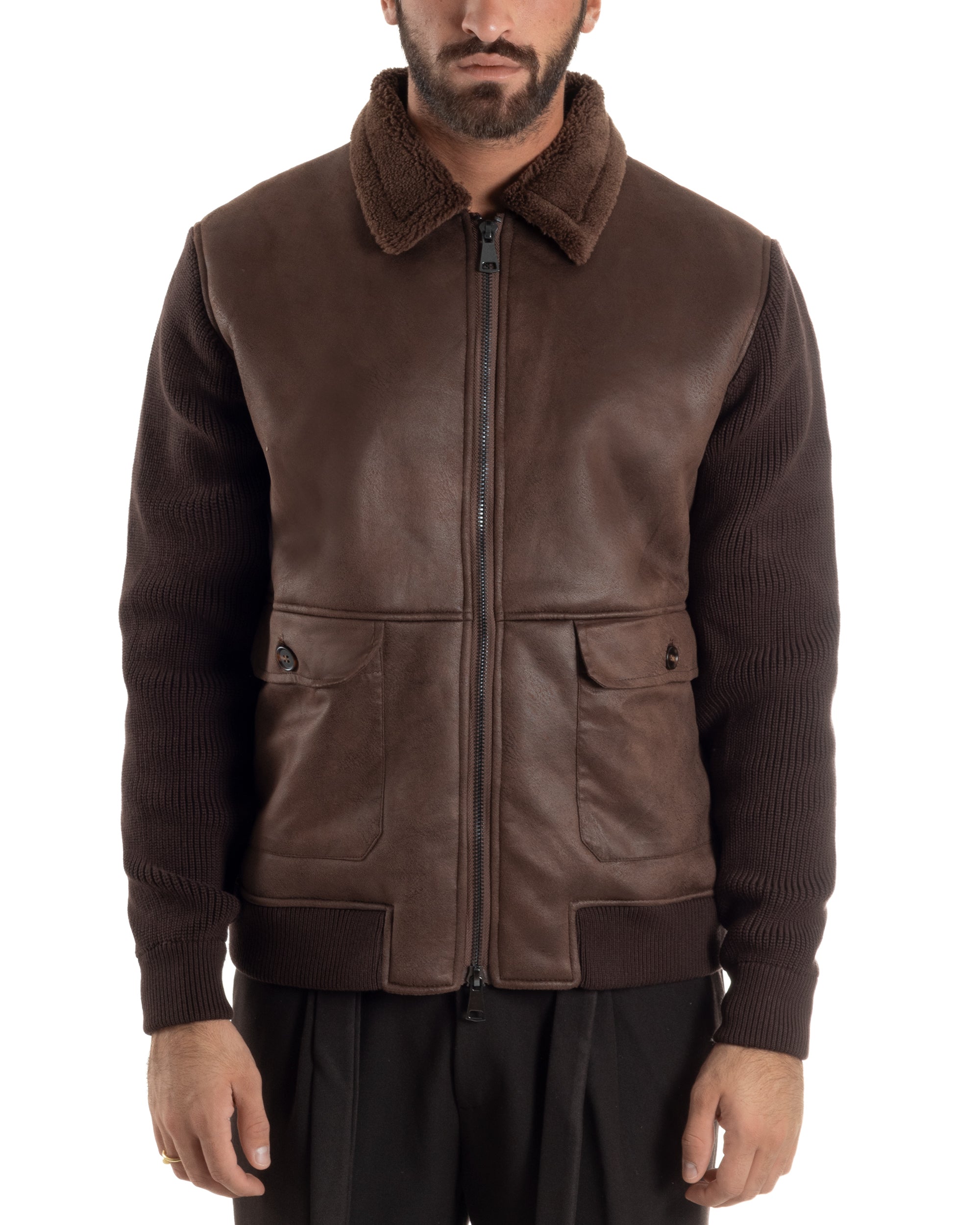 Giubbotto Ecopelle Maniche Maglia College Collo Pelliccia Marrone G3347A