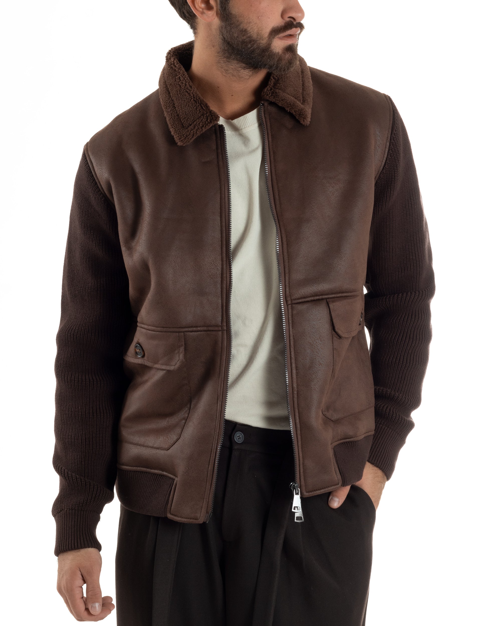 Giubbotto Ecopelle Maniche Maglia College Collo Pelliccia Marrone G3347A