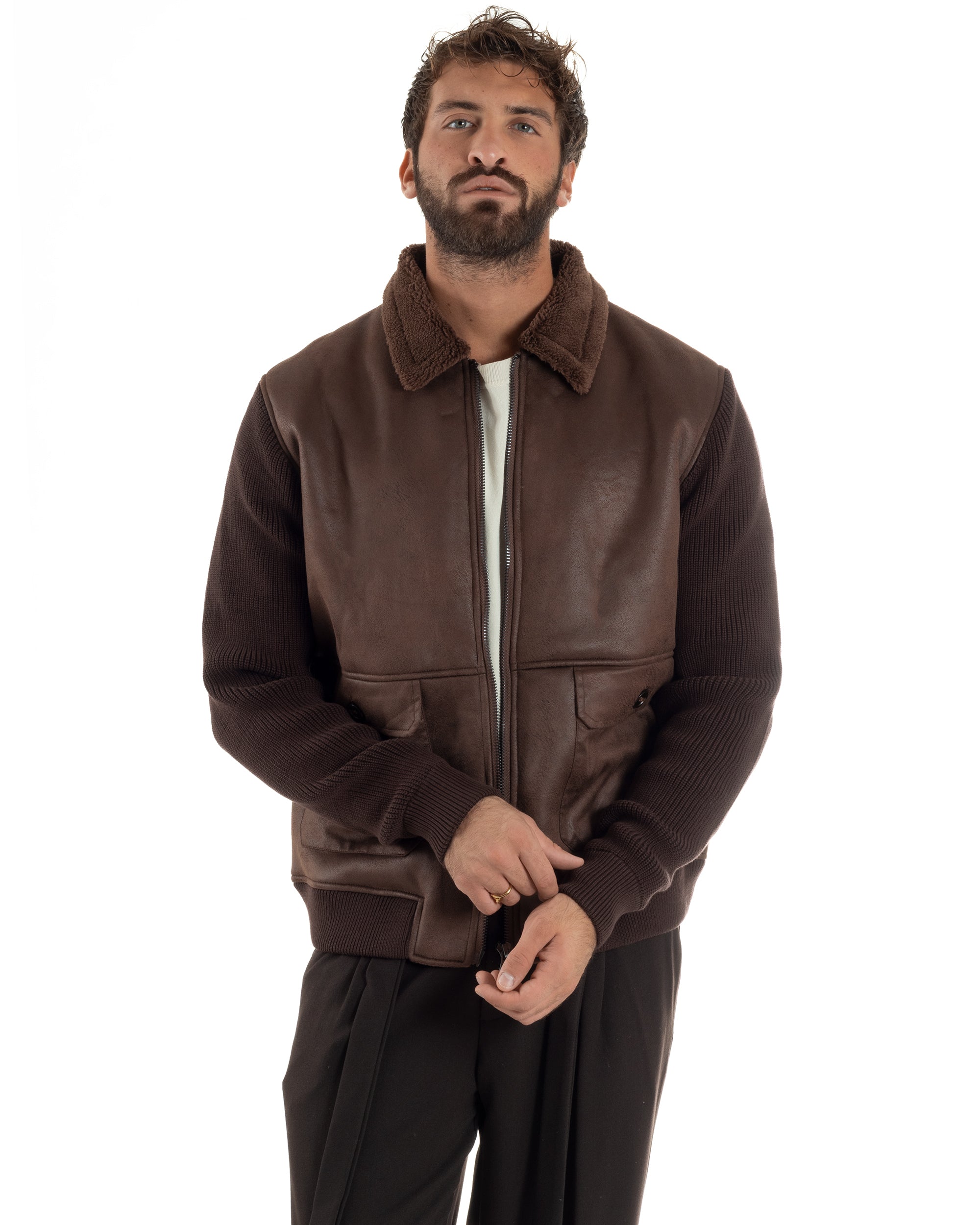 Giubbotto Ecopelle Maniche Maglia College Collo Pelliccia Marrone G3347A