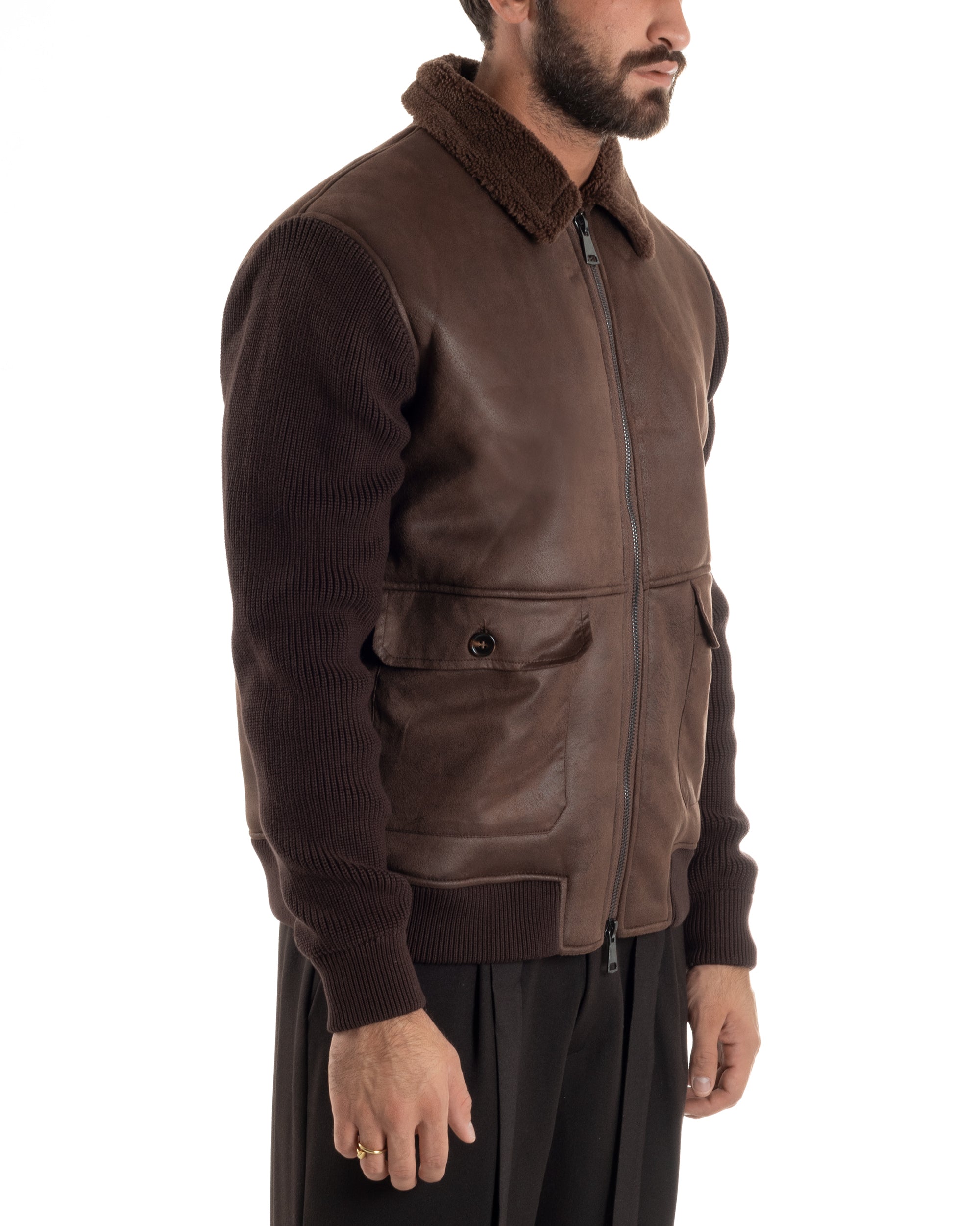 Giubbotto Ecopelle Maniche Maglia College Collo Pelliccia Marrone G3347A