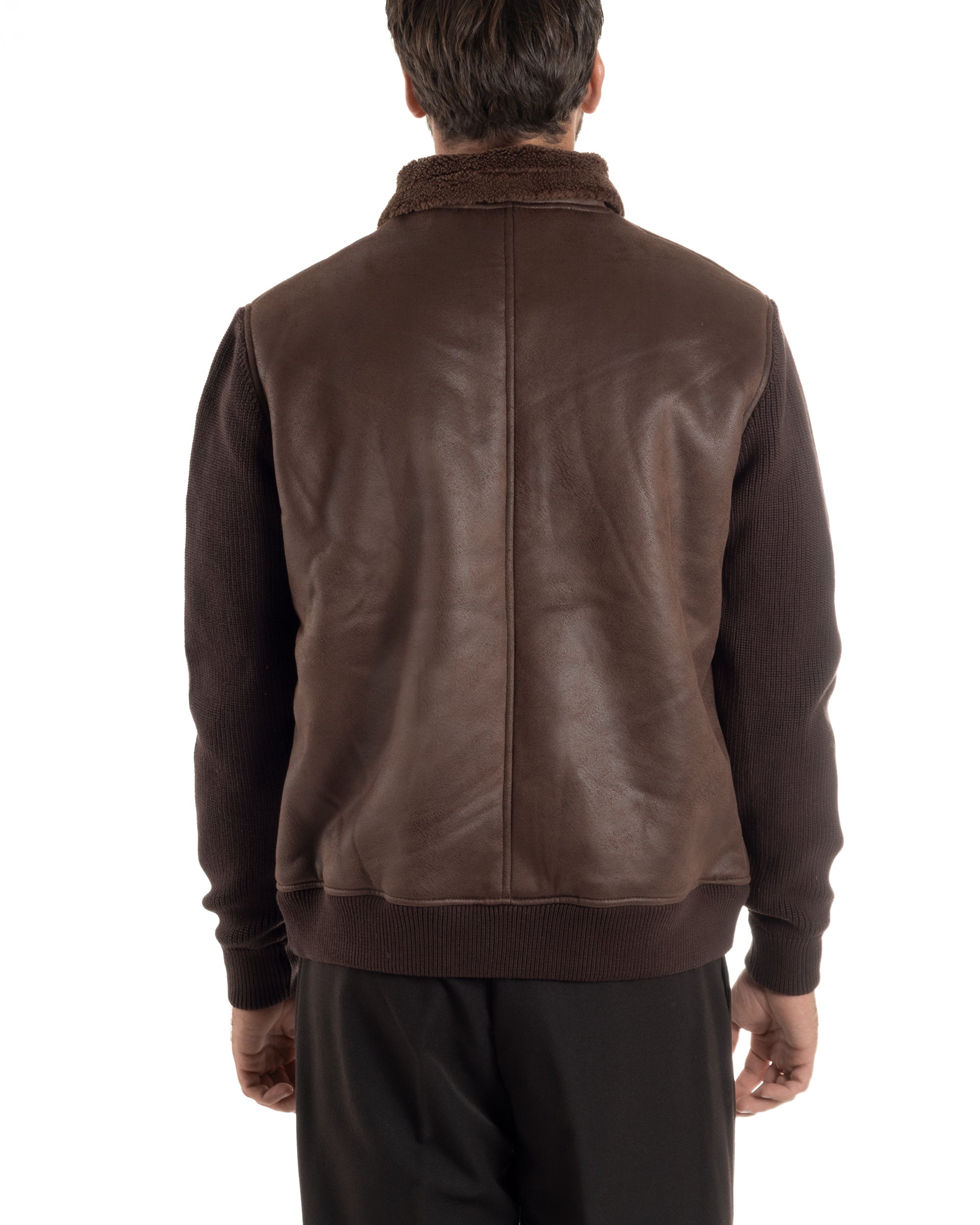 Giubbotto Ecopelle Maniche Maglia College Collo Pelliccia Marrone G3347A