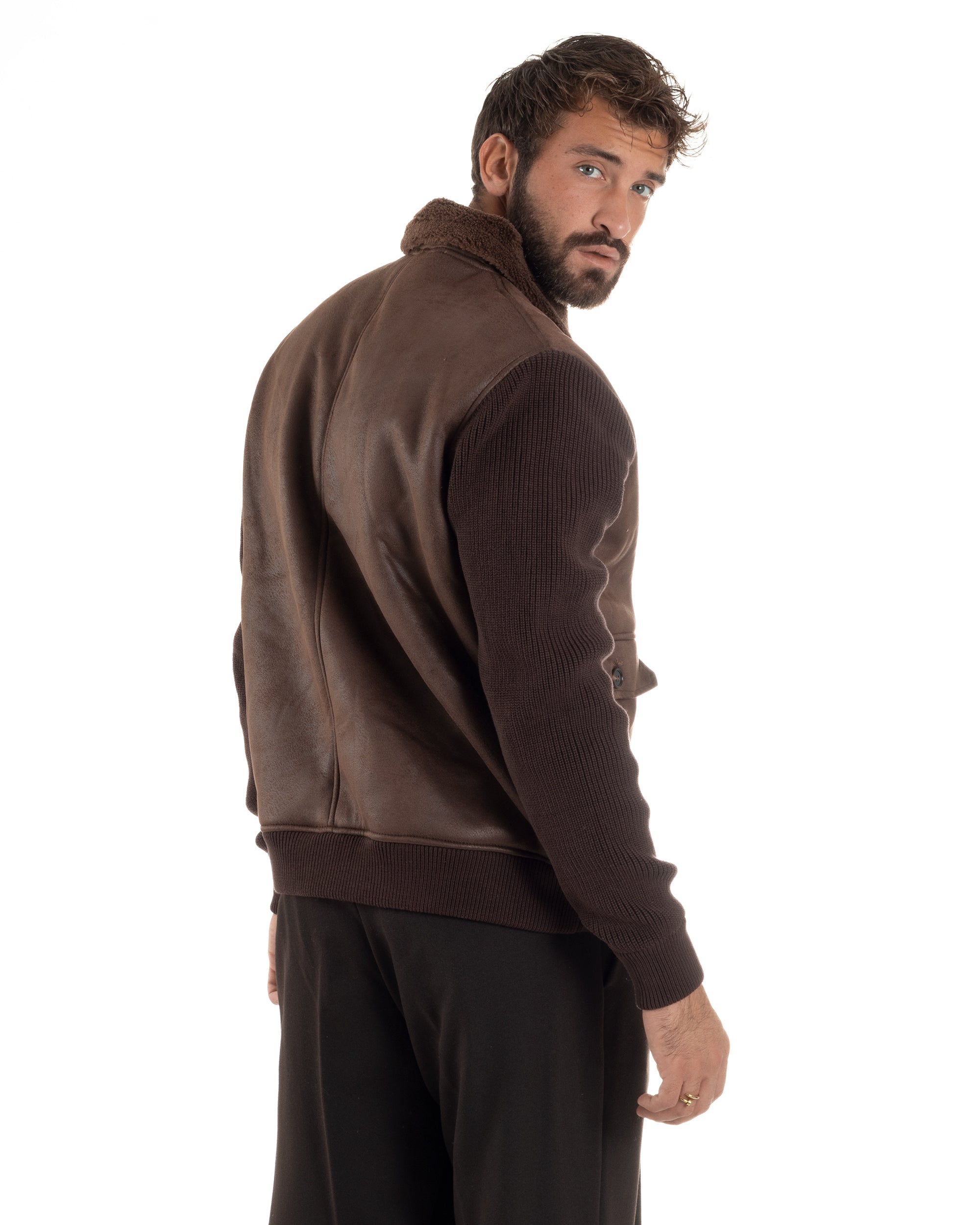 Giubbotto Ecopelle Maniche Maglia College Collo Pelliccia Marrone G3347A